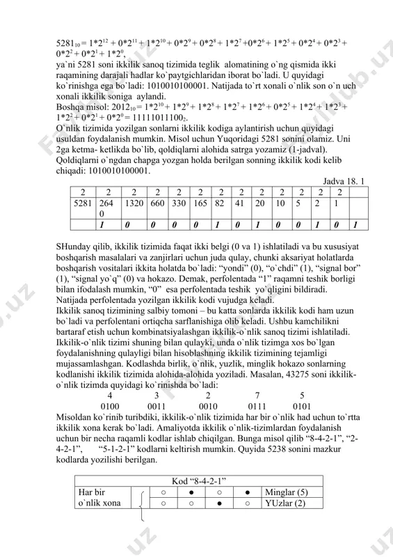 0 195 = 1*102 + 9*101 + 5*100 762 = 7*102 + 6*101 + 2*100 uchlik sanoq tizimida tayanch sonlar 0, 1 va 2dan tashkil topadi, tizim asosi r=3. ikkilik sanoq tizimida tayanch sonlar ikkita bo`ladi (“0” va “1”), tizim asosi r = 2. ikkilik tizimida hamma sonlar tayanch sonlarning kombinatsiyasi tarzida hosil qilinadi. masalan, 5281 soni ikkilik tizimida yuqoridagi polinom asosida quyidagicha ifodalanadi: 528110 = 1*212 + 0*211 + 1*210 + 0*29 + 0*28 + 1*27 +0*26 + 1*25 + 0*24 + 0*23 + 0*22 + 0*21 + 1*20, ya`ni 5281 soni ikkilik sanoq tizimida teglik alomatining o`ng qismida ikki raqamining darajali hadlar ko`paytgichlaridan iborat bo`ladi. u quyidagi ko`rinishga ega bo`ladi: 1010010100001. natijada to`rt xonali o`nlik son o`n uch xonali ikkilik soniga aylandi. boshqa misol: 201210 = 1*210 + 1*29 + 1*28 + 1*27 + 1*26 + 0*25 + 1*24 + 1*23 + 1*22 + 0*21 + 0*20 = …