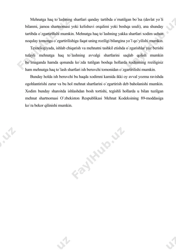 alikda ishlab chiqiladi. mehnatga haq to`lashning alohida shakli brigada (jamoa) mehnatiga haq to`lash hisoblanadi. mehnatni tashkil qilish va unga haq to`lashning jamoa shakli har bir xodim tomonidan sarflangan mehnatni alohida holda o`lchash mumkin bo`lmagan joylarda qo`llaniladi va unga bajariladigan ishning natijalariga ko`ra butun jamoaga (brigadaga) yaxlit holda ish haqi hisoblanadi. brigada (jamoa) esa o`z a`zolarining ushbu natijaga qo`shgan hissasini individuallashtirib aniqlash yo`li bilan har bir xodimning ish haqi miqdorini belgilaydi. ana shu maqsadda har bir xodimning mehnatga ishtiroki koeffitsiyenti (mik) qo`llaniladi. har bir xodimning mehnati bilan ishtiroki koeffitsiyentini aniqlovchi nizom yoki boshqa me`yoriy hujjatlar belgilangan tartibda ishlab chiqiladi hamda tasdiqlanadi. mehnatni normalash sarflangan mehnatni o`lchash va unga yarasha haq to`lash imkonini beradi. mehnatning quyidagi normalari ko`zda tutilishi mumkin: a) vaqt normasi; b) ishlab chiqarish normasi; v) xizmat ko`rsatish normasi; g) xodimlar soni normasi. mehnat normalari vakillik organi va ish beruvchi tomonidan birgalikda ishlab chiqiladi hamda tasdiqlanadi. odatdagi sharoitlardan chetga chiqilganda …