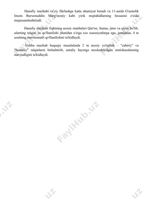 ydalanilgan adabiyotlar 1. ислом динининг таълимот мактаблари ва йўналишлари. (islom dinining ta'limot maktablari va yo'nalishlari.) 2. ҳанафий мазҳабининг асослари ва ривожланиши. (hanafiy mazhabining asoslari va rivojlanishi.) 3. шофеъий мазҳабининг хусусиятлари ва таъсири. (sho'fiiy mazhabining xususiyatlari va ta'siri.) 4