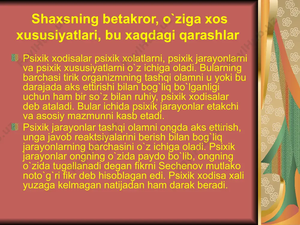 i deb ataladi. motivlar oz yoki ko`p darajada anglangan bo`lishi yoki umuman anglanilmagan bo`lishi ham mumkin. shaxsning yo`naltirilganligida anglangan motivlar asosiy rol o`ynaydi. kishi faoliyat natijasini xayolan oldindan belgilab beradigan maqsadning o`zigina emas, balki ushbu maqsad ahamiyatiga molik ob'ektda ruyobga chiqishining realligi ham anglanilgan bo`lsa, bu xol shaxsning istiqboli deb qaraladi (perspektiva). temperament va uning tiplari temperament lotincha temperamentum–narsalarning tegishli nisbati degan so`zdan olingan. temprament haqida dastlab eramizdan oldingi beshinchi asrda yashagan vrach gippokrat, eramizdan oldingi ikkinchi asrda yashagan galen, uninchi asrda yashagan ibn sino va boshqalar o`z qarashlarini bildirganlar. galen birinchi bo`lib temperamentning kengaytirilgan tasnifini berib, uning 13 turini sanab o`tgan. keyinroq vatandoshimiz ibn sino temperamentni mizoj deb atab, uning issiq va sovuq turini, bu odamning rangi, qoni miqdori, quyuq yoki suyuqligiga bog`liqligini aytgan. hozirgi kunda temperament oliy nerv tizimi va uning xillari bilan bog`liqligi asos qilib olinib, 4 tipi borligi qabul kilingan. bu temperamentning antik davr klassifikatsiyasiga nomi …