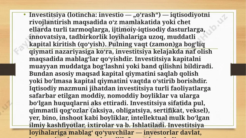 da aholining qimmatli qogʻozlarga jamoaviy investitsiyani amalga oshiradigan xususiylashtirish investitsiya fondlari (xif) va kompaniyalari tarmogʻi rivoj topdi. 2000-yilda moliyalashtirishning jami manbalari hisobidan mamlakat iqtisodiyotiga salkam 700 milliard soʻm, shu jumladan, 810 million aqsh dollari investitsiyalandi. uning 30,3 % ni respublika byudjeti, 39,1 % ni korxonalar va aholi mablagʻlari, 7,5 % ni banklar kreditlari va b. qarz mablagʻlar, 21,7 % ini chet el investitsiyalari va kreditlari, 1,4 % ni byudjetdan tashqari jamgʻarmalar mablagʻlari tashkil qiladi. respublikada investitsiya faoliyatining huquqiy bazasini yaratishda „chet el investitsiyalari va chet ellik investorlar faoliyatining kafolatlari toʻgʻrisida“ (1995-yil 5-may), „investitsiya faoliyati toʻgʻrisida“ (1998-yil 12-dekabr), „chet ellik investorlar huquqlarining kafolatlari va ularni himoya qilish choralari toʻgʻrisida“ (1998-yil 30-aprel), „chet el investitsiyalari toʻgʻrisida“ (1998-yil 30-aprel), „lizing toʻgʻrisida“ (1999-yil 14-aprel), „qimmatli qogʻozlar bozorida investorlarning huquqlarini himoya qilish toʻgʻrisida“ (2001-yil 30-avgust) qonunlarining qabul qilinishi muhim ahamiyatga ega boʻldi. investitsiya faoliyatida investorlar har bir mamlakatdagi investitsiya muhiti bilan bogʻliq boʻlgan koʻpdan-koʻp xatarlarga …