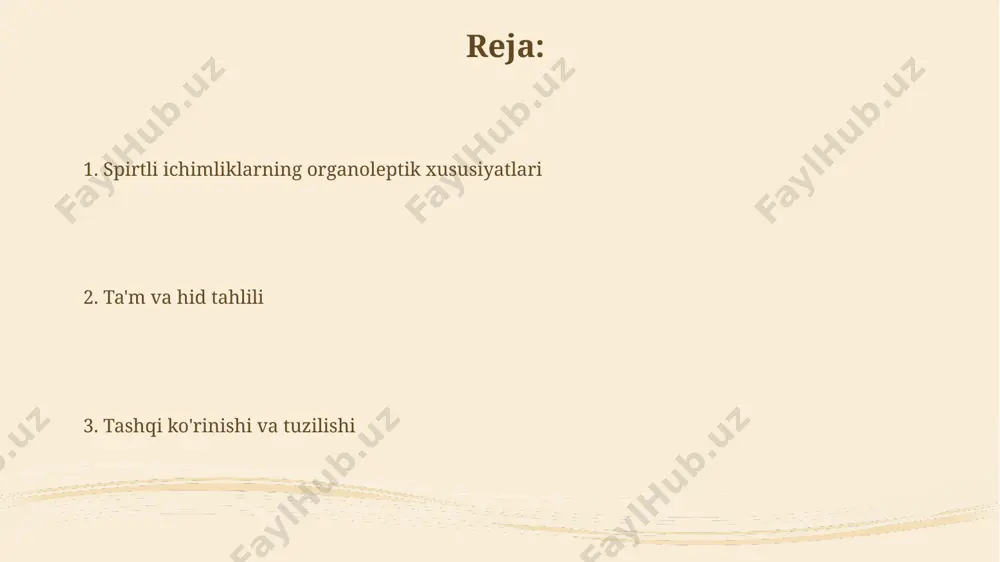 da spirt miqdori mavjud bo'lib, bu esa uni yumshoq va ichimlikka yoqimli xususiyatlarga ega qiladi, bu esa jahon standartlariga mos keladi. xulosa tarkibida 20 dan ortiq turli xil efir moylari mavjud bo'lib, ular ichimlikka noyob hid va ta'm xususiyatlarini beradi, bu esa uni o'zbekistonning boshqa mintaqalardagi sharoblardan farq qiladi. spirtli ichimliklarning organoleptik xususiyatlari spirtli ichimliklarning organoleptik xususiyatlarini aniqlashda 20 dan ortiq professional tasterlar 5 ball shkalasi bo'yicha 30 ga yaqin namunani baholashi, masalan, shotlandiya viskilarining turli xil xususiyatlarini aniqlashda qo'llaniladi. fransiya konyagi va arman konyaklarining ta'm profilini taqqoslashda 10-15% farq kuzatilib, bu asosan uzum navlari va distillash usullaridagi farqlar bilan bog'liq. rang va tiniqlik qoraqalpog‘iston viloyatida ishlab chiqarilgan aroqlarning tiniqligi 95% dan yuqori bo‘lishi kerak, bu sifat standartlari bilan belgilanadi. 50 ml hajmdagi vino namunalarini analiz qilishda, rang va tiniqlik ko‘rsatkichlari, xalqaro standartlarga muvofiq, spektrofotometr yordamida aniqlanadi. to'qima va og'izda his “og'izda his” tarkibiy qismlarining o'zaro ta'siri, masalan, meksika tekilasining …