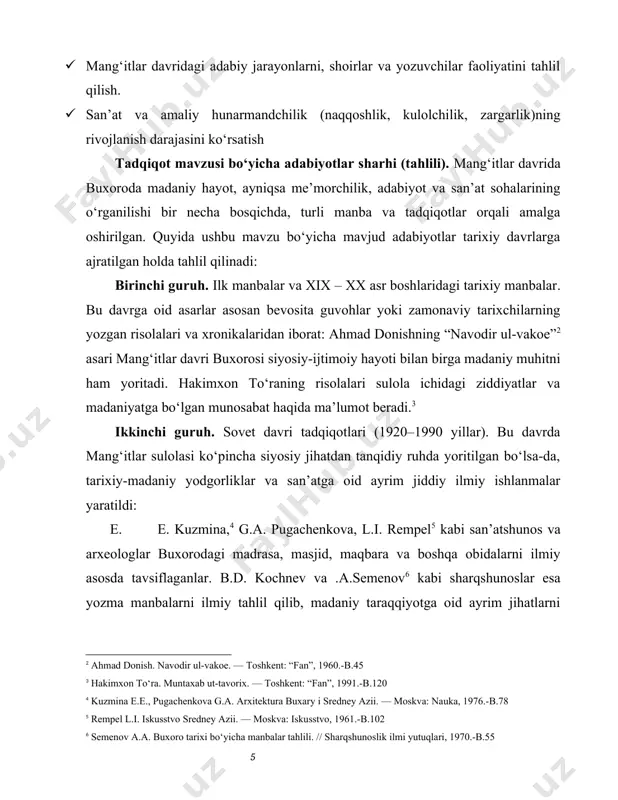 ining madaniy hayoti yanada chuqurroq o‘rganila boshlandi: sh. shorahmedov[footnoteref:8], z. rixsiyev,[footnoteref:9] h. ziyoyev, m. qayumov singari olimlar tarixiy meros, buxoroning madaniyati va adabiyoti bo‘yicha qimmatli asarlar yaratdilar.“buxoro ensiklopediyasi”, “o‘zbekiston tarixi” kabi umumlashtiruvchi nashrlarda mang‘itlar davri madaniy muhitining turli jabhalari yoritilgan. me’morchilik sohasida restavratsiya ishlari, yodgorliklar katalogi va unesco ro‘yxatiga kiritilgan obidalar bo‘yicha ilmiy maqolalar, monografiyalar paydo bo‘ldi. adabiy manbalar, jumladan mang‘itlar davrida yashagan shoir va yozuvchilarning asarlari nashr qilinib, ilmiy muomalaga kiritila boshlandi. bugungi kunda bu davr madaniyatining adabiyot, arxitektura, islomiy san’at, hunarmandchilik, kutubxonachilik kabi sohalaridagi o‘rni yanada aniqroq ochib berilmoqda. [8: shorahmedov sh. buxoro tarixidan lavhalar. — buxoro: buxoro, 1996. -b.34] [9: rixsiyev z. o‘zbek xalqi madaniy merosi — toshkent: o‘zbekiston, 2000. -b. 67] kurs ishining tarkibining qisqacha tavsifi. ushbu kurs ishi 5 paragraff, xulosa va foydalanilgan adabiyotlar ro‘yxatidan iborat bo‘lib, tadqiqot umumiy 38 betni tashkil etadi. i.bob.buxoro amirligida ma’muriy hududiy tuzilishi va ijtimoiy hayotidagi o’zgarishlar 1.1. amirlikning hududi, …