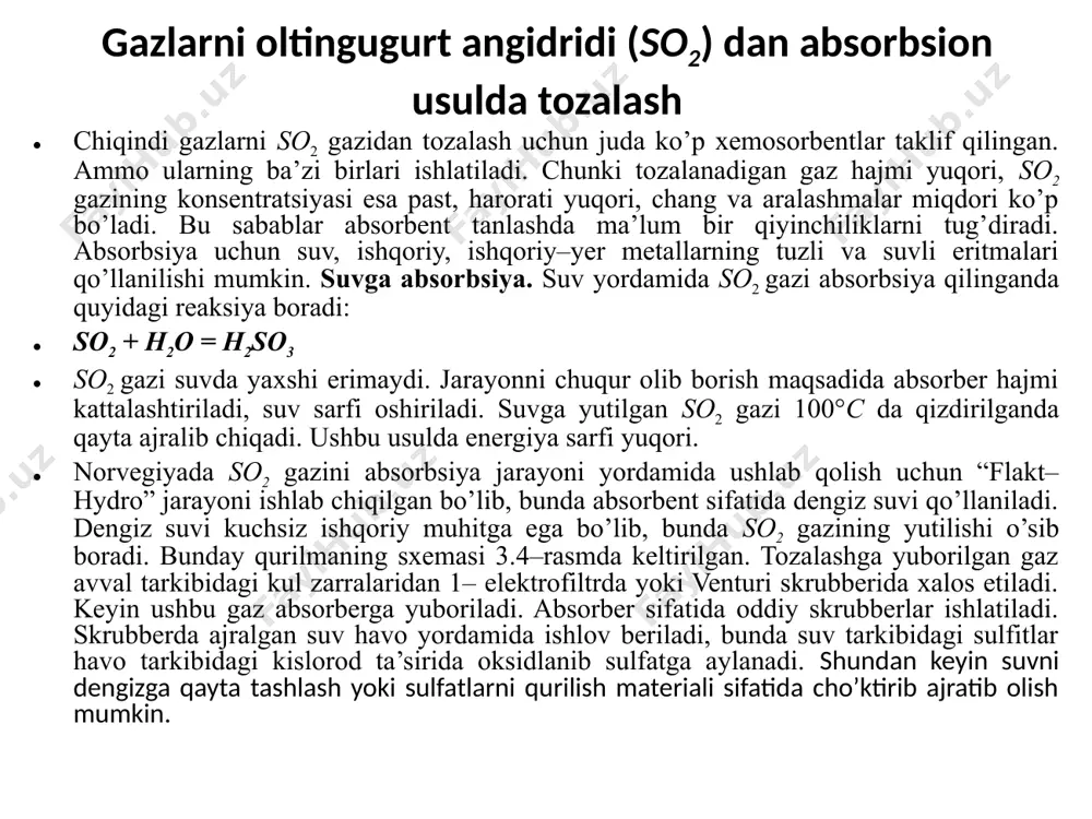 rber icbida gaz va suyuqlik o’rtasida to’qnashish sodir bo’lib, yuqorida keltirilgan reaksiyalar sodir bo’ladi. absorbsiya jarayonida to’yingan eritma absorberning quyi qismidan 3 – vakuum–filtrga yuboriladi. bu yerda eritmada hosil bo’lgan cho’kindilar (shlamlar) ajratiladi, eritma esa qayta 2– yig’gichga qaytariladi. tozalash darajasi 85% ni tashkil etadi. kul suspenziyasi yordamida so2 gazini tozalash texnologik sxemasi: 1– absorber; 2, 4– neytralizatorlar; 5– tindirgich; 6– sig’im; 7–sentrifuga; 8– gaz qizdirgichi; 9– siklon. texnologik yozuv tutun gazlari absorberning quyi qismidan beriladi. absorbsiya natijasida gazlarning harorati 130 dan 65°c gacha soviydi. tozalangan gazlar tutun gazlarining harorati (t=330°c) hisobiga qizdiriladi. issiq tutun gazlari avval batareyali siklonda yoki elektrofiltrda tozalanadi. ushlab qolingan kul to’xtovsiz aralashtirgichli sig’im– neytralizatorlarga tushib turadi. bu yeiga suv berilib, ular asosida suspenziya tayyorlanadi. ushbu suspenziyani absorbent sifatida ishlatish uchun nasos yordamida absorberga beriladi. tozalash jarayonida hosil bo’lgan shlamlar avval tindirgichda, keyin sentrifugada ajratib olinadi. jarayon natijasida ishlatilgan kul suspenziyasi va shlamlar qurilish materiali sifatida …
