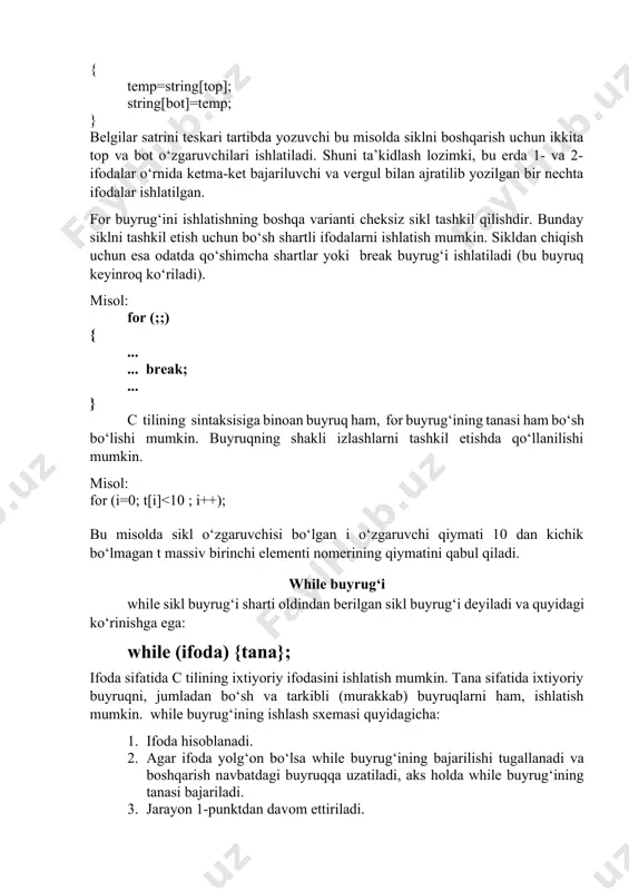 =s trtoint(edit1->text); a=strtoint(edit2->text); f=1; for (i=1; i text:=inttostr(f); } } 5. misol.n natural son va a haqiqiy son berilgan. quyidagi ko’paytmani hisoblang: a(a+1)(a+2) ... (a+n) yechish. berilgan ko’paytmani k bilan belgilaymiz borland c++ builder da dasturu: #include void __fastcall tform1::button1click(tobject *sender) { int n,i; float a,p; { n=strtoint(edit1->text); a=strtoint(edit2->text); p=1; for (i=0; i text:=inttostr(p); } } misol 6: 1 dan n (n butun son) gacha bo'lgan sonlarni chiqaruvchi dastur tuzilsin. void __fastcall tform1::button1click(tobject *sender) { int i,n; n=strtoint(edit1->text); i=1; while (i lines->add(inttostr(i)); i++; }} misol 7: 1+1/2+1/3+…+1/n yig`indini hisoblovchi dastur tuzilsin. void __fastcall tform1::button1click(tobject *sender) { int n; float i,s=0; n=strtoint(edit1->text); i=1; while (i text=floattostr(s); } misol 8: kompyuter o'ylagan sonni topish dasturi #include #include int main() { int x, y = 0, u = 0; srand(time(null)); x = rand() % 1000 + 1; cout > y; u++; if (x > y) cout << "kompyuter o'ylagan son katta" << endl; …