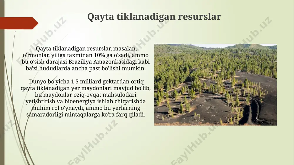 t qo'riqxonasi tashkil etilgan. energiya resurslari quyosh va shamol energiyasi kabi qayta tiklanuvchi energiya manbalarining salohiyati oʻzbekistonning janubiy hududlarida, masalan, qashqadaryo viloyatida juda yuqori. oʻzbekistonning energiya resurslari tarkibida tabiiy gaz zahiralari 2 trillion kub metrdan ortiqni tashkil etadi, bu markaziy osiyoda eng katta koʻrsatkich hisoblanadi. dengiz resurslari jahon okeanlarining dengiz resurslari orasida baliq, dengiz mahsulotlari, suv oʻtlari va minerallar mavjud boʻlib, ularning yillik jahon miqyosidagi qiymatini 1,5 trillion aqsh dollari deb baholash mumkin. oʻzbekistonning dengiz boyliklari, xususan, orol dengizi havzasida 20-asrning ikkinchi yarmidan boshlab suv sathi sezilarli darajada pasayib, 10 baravar kamaygan, bu esa baliqchilik va dengiz transporti kabi sohalarga jiddiy ta’sir koʻrsatgan. e'tiboringiz uchun rahmat @taqdimot_robot image1.jpg image2.jpg image3.jpg image4.jpg image5.jpg image6.jpg image7.jpg image8.jpg image9.jpg image10.jpg image11.jpg image12.jpg image13.jpg image14.jpg image15.jpg image16.jpg