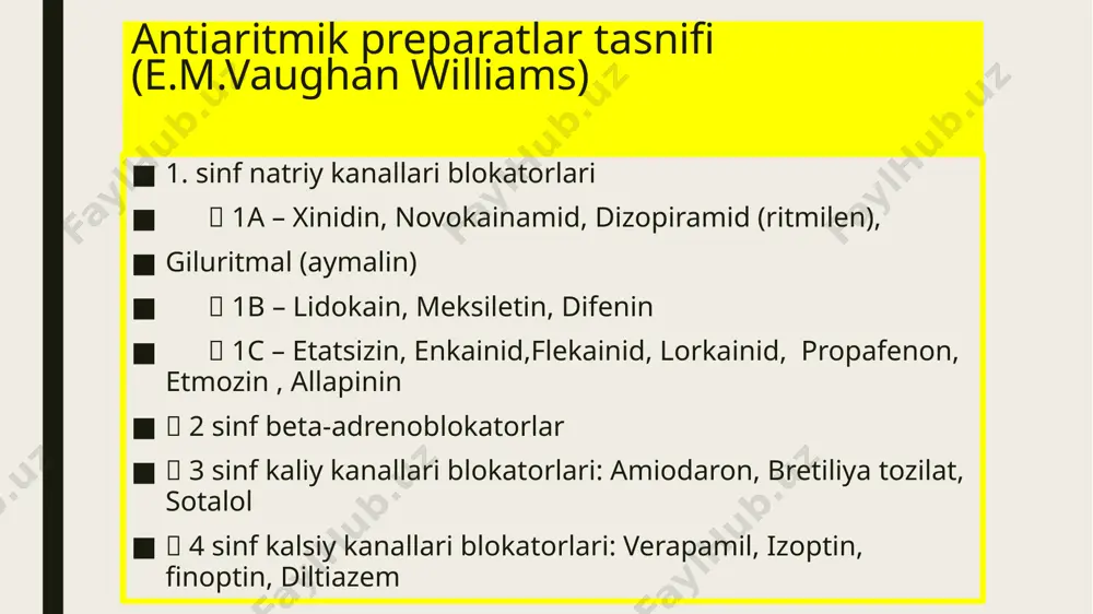 шига карамасдан, х. юракуришини оширади. буни кисман аб пасайиши туфайли пайдобуладиган рефлектор адренериктаъсирот билан хам тушунтириш мумкин. х. нинг антихолинерик таъсири дигиталис хисобигаадашган нерв фаоллигини ошиши туфайли пайдо буладиган аритмияларда ишлатилади х. терапевтик микдорларда берилганда экгда синус тахикардияси кузатилади. каттамикдорда берилганда эса утказувчанлик ва кузгалувчанликни бузилиши хисобга синоаурикуларблокада булиши мумкин. рr интервал узаяди. q-t интервали хам кисман электр систоласидавомийлигини узайиши ва кисман коринча ички утказувчанлиги тезлигини секинлашувинатижасида узаяди. бу эса qrs комплекси ва умумий электромеханик систоланинг (экг даги q тулкини бошланишидан фкг даги ii тон биринчи йирик осциляциясигача булган интервал) ошишида уз аксини топади. х. нинг катта микдори идновентрикуляр импульсининг пайдобулишига олиб келиши мумкин. х. дигиталис билан даволанаётган беморларда кутилмаганритм бузилишларини юзага келтириши мумкин. новокаинамид, прокаинамид новокаинамид, прокаинамид (ii). патент номи – прокаинамид гидрохлорид, пронестил ва бошкалар, таблетка – 250, амп 10% - 5 мл ёки фл 10 мл. фармакрдинамика – п. – 1 гурух аап типик намояндаси. хинидин каби …