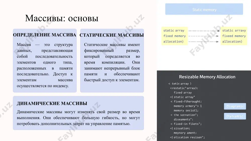 овари позволяют быстро получать значения по ключу. эффективность поиска множества и словари обеспечивают эффективный поиск элементов благодаря использованию хеш-таблиц или деревьев поиска. 14 деревья 1 бинарные деревья каждый узел имеет не более двух потомков, что облегчает поиск и сортировку. 2 деревья поиска обеспечивают быструю вставку, удаление и поиск элементов. 3 применение в структурах данных используются для индексации данных, организации файловых систем и реализации алгоритмов поиска. 15 типы указателей: основы определение указателя указатель — это переменная, которая содержит адрес памяти другой переменной. указатели позволяют работать с данными по их адресам. адресная арифметика адресная арифметика позволяет выполнять операции с адресами памяти, такие как увеличение и уменьшение указателя. это используется для доступа к элементам массивов и структур. 16 типы указателей: применение динамическое выделение памяти указатели используются для динамического выделения памяти во время выполнения. это позволяет создавать структуры данных, размер которых не известен во время компиляции. 1 связь с массивами и структурами указатели позволяют …