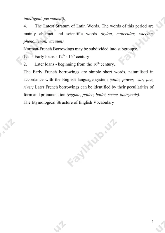 , and for which there are corresponding english equivalents e.g. ciao italian - good-bye english, the borrowed stock of the english vocabulary contains not only words but a great number of suffixes and prefixes. when these first appeared in the english language they were parts of words and only later began a life of their own as word-building elements of the english language (-age, -ance, -ess, -merit) this brought about the creation of hybrid words like shortage, hindrance, lovable and many others in which a borrowed suffix is joined to a native root. a reverse process is also possible. in many cases one and the same word was borrowed twice either from the same language or from different languages. this accounts for the existence of the so called etymological doublets like canal - channel (latin -french), skirt - shirt (sc. - english), balsam - halm (greek - french). international words. …