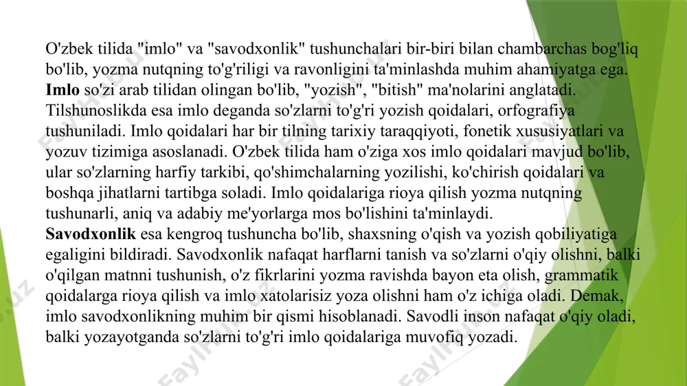 arining almashinuvi: lotin va kirill alifbolarining qo'llanilishi davrida har bir alifbo uchun mos imlo qoidalarini ishlab chiqish zarur bo'lgan. tilshunos olimlarning faoliyati: o'zbek tilshunoslari imlo qoidalarini ishlab chiqish va takomillashtirishda katta hissa qo'shganlar. ijtimoiy-siyosiy omillar: davlatning til siyosati imlo qoidalarining qabul qilinishi va joriy etilishida muhim rol o'ynaydi. o'zbek tilida imlo qoidalarining shakllanishi murakkab va ko'p qirrali jarayon bo'lib, tilning ichki rivojlanishi, ijtimoiy-siyosiy o'zgarishlar va yozuv tizimlarining almashinuvi kabi omillar ta'sirida shakllangan. keling, bu jarayonning yana ba'zi muhim jihatlariga to'xtalib o'taylik: tilshunoslarning roli: o'zbek tilining imlo qoidalarini ishlab chiqish va takomillashtirishda tilshunos olimlarning hissasi beqiyosdir. ular tilning fonetik, morfologik va sintaktik xususiyatlarini chuqur o'rganib, yozuvda aks ettirishning eng maqbul usullarini aniqlashga harakat qiladilar. turli davrlarda tuzilgan imlo lug'atlari va qoidalari to'plamlari bu mehnatning natijasidir. ta'lim tizimining ta'siri: imlo qoidalari ta'lim tizimi orqali keng ommaga yetkaziladi va mustahkamlanadi. maktab darsliklari, o'quv qo'llanmalari va imtihonlar imlo savodxonligini oshirishda muhim rol o'ynaydi. ta'lim …