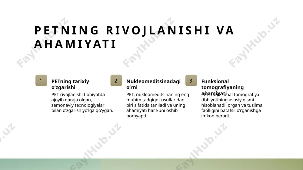 afiya umumiy diagnostik vositalar orasida asosiy joy tutadi. shifokorlar uchun ahamiyatli bir asbob. xulosa 01 asosiy mavzular pozitron emissiya tomografiyasi (pet) tajribasining muhimligi, radiotracerlar va tibbiyot sohalari bo'yicha o'zgarishlarni ko'rsatish, va tuzilma va organ funktsiyalarini o'lchash uchun qanday ishlatilishini o'rganing. 02 petning klinik foydalanish tarixi pet, nukleomeditsining muhim qismi bo'lib, onkologiya, nevrologiya, kardiologiya sohalari va diagnos qilishda katta ahamiyatga ega. ushbu texnologiya shifokorlar uchun muhim amaliyotdir. 03 xulosa pet tomografiyasi, tibbiyot sohasida katta o'rnatilgan va nevroloji, onkologik va kardiologik muammolarni diagnos qilishda ajralib turuvchi va eng yangi texnologiyalardan biridir. ushbu qurilmalarning yanada rivojlanishiga katta e'tibor qaratilishi kerak. e'tiboringiz uchun rahmat! image1.jpg image2.jpg image3.jpg image4.jpg image5.jpg /docprops/thumbnail.jpeg