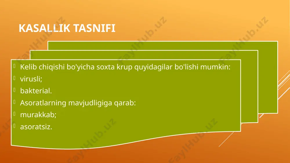 , refleksli spazmni yo'qotadi. laringotraxeitning 1-bosqichidagi isitmada antibiotiklar buyuriladi. soxta krup 2 daraja 1 bilan bir xil tarzda davolanadi. qo'shimcha ravishda : namlangan kislorod; vena ichiga yuboriladi: gipertonik eritmalar glyukoza, shishishni bartaraf etish uchun kaltsiy glyukonat; gormon terapiyasi (gidrokortizon, prednizolon); tomir ichiga buyurilgan yurak eritmalari (korglikon, strofantin); neyroleptik preparatlar (promazin, aminazin). 3-darajali stenozda prednizolon tomir ichiga yuboriladi. birinchi doz kuniga ½ bo'lishi kerak antibiotiklar : tetraolean; tseporin. agar davolanish natijasi bo'lmasa, laringoskopiya qilinadi. jarayon davomida shilimshiq, qon-qobig'i polietilen kateter yordamida so'riladi. keyin shilliq qavat efedrin, gidrokortizon, vazelin yoki shaftoli yog'i bilan yog'lanadi. ba'zida bronkoskopiya ko'rsatiladi. u bilan bronxlar yuviladi, yiring va shilimshiq chiqariladi, antibiotiklar intratraxeobronial tarzda kiritiladi. agar barcha choralar samarasiz bo'lsa yoki bolada og'ir progressiv 4-darajali stenoz bo'lsa, intubatsiya yoki traxeostomiya ko'rsatiladi. taqiqlangan harakatlar laringotraxeit, ayniqsa, allergiyaga moyil bo'lgan, haddan tashqari qo'zg'aluvchan, nazofarenklarda limfoid o'sishi bo'lgan bolalar uchun xavflidir. shuning uchun ular uchun terapiya ehtiyotkorlik bilan tanlanishi kerak. maslahat: …