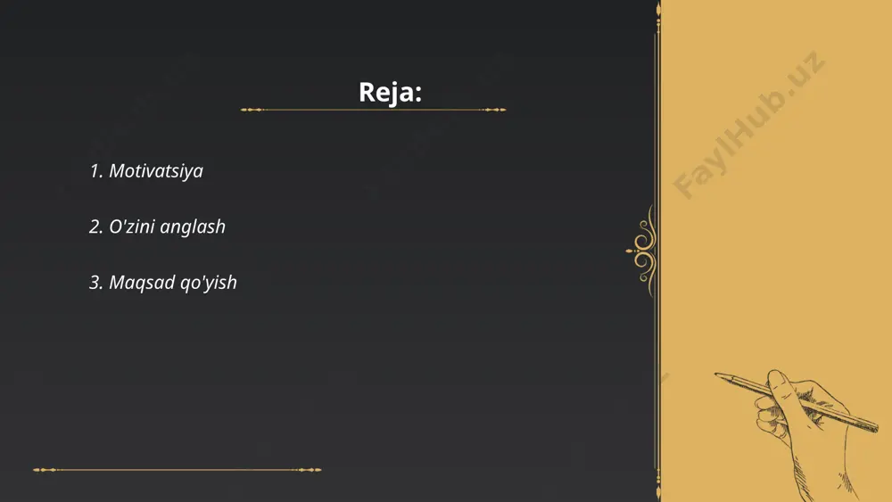 aqsadlarini yozma ravishda belgilaydi. maqsadlarni qisqa, o'rta va uzoq muddatli qilib ajratish tavsiya etiladi, chunki bu yondashuv ularni yanada boshqariladigan va bajariladigan qiladi. har oy va yil yakunida natijalarni tahlil qilish va kerak bo'lsa maqsadlarni qayta belgilash muhim ahamiyatga ega. ... t.me/slaydai_bot 4. vaqtni boshqarish vaqtni boshqarish samarali hayot tarzini qo'llab-quvvatlashda muhim rol o'ynaydi. har kuni 1440 daqiqa va har hafta 168 soat mavjud bo'lib, ulardan oqilona foydalanish zarur. toifalash va ustuvorlikni belgilash vazifalarni samarali bajarishga yordam beradi. tadqiqotlarga ko'ra, odamlardan atigi 18%i vaqtni to'g'ri boshqara oladi. “pomodoro” texnikasi kabi usullar 25 daqiqa ishlash va 5 daqiqa dam olish orqali diqqatni yaxshilaydi. vaqtni yaxshi boshqarish stressni 50% ga kamaytirib, ish unumdorligini 30% oshirishi mumkin. har bir sohada vaqtni yaxshi taqsimlash katta natijalarga erishishga yordam beradi. ... t.me/slaydai_bot stressni boshqarish uchun bir qancha samarali usullar mavjud. oʻrta statistikaga koʻra, stressni kamaytirish maqsadida odamlarning taxminan 25% muntazam jismoniy mashqlar bilan shugʻullanadi. meditatsiya …