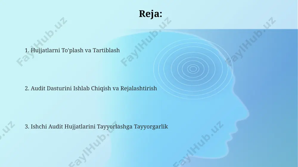 rish lozim. toshkentdagi 3 ta yirik korxonaning 2022 yilgi moliyaviy hisobotlarini tahlil qilishda, 100 dan ortiq hujjat va dalilni to'plash va ularning ishonchliligi va mos kelishini tekshirish zarur. audit hujjatlarini tayyorlashga tayyorgarlik 2023 йилги тошкент шаҳридаги "алоқа" компанияси аудити учун ҳужжатларни тайёрлашда камида 5 та асосий ҳисобот шакли ва 10 тадан ортиқ илова ҳужжатларини тўплаш зарур. аудит ҳужжатларини тайёрлаш жараёнида самарқанд вилоятидаги 3 та филиалдан келиб тушган маълумотларни текшириш ва таҳлил қилишга камида 2 кун ажратилади. андижондаги "илгор" корхонаси бўйича 2022 йилги молиявий ҳисоботларни таҳлил қилишда 15% дан ортиқ ўзгаришлар аниқланса, ушбу ўзгаришларнинг сабабларини аниқлаш учун қўшимча ҳужжатлар талаб этилади. tegishli standartlar va qoidalar isas 315 va 500 standartlari bo'yicha audit dasturini tuzishda, xususan, 2023-yilgi buxoro viloyati korxonalarining moliyaviy hisobotlarini tekshirishda muhim nazorat choralari aniqlanadi. o'zbekiston respublikasining 2018-yilgi 547-sonli qaroriga muvofiq, audit hujjatlarini rasmiylashtirish tartibi va 5 yillik saqlash muddatlariga rioya qilish kerak, ayniqsa, toshkent shahri korxonalari uchun. xalqaro standartlarga …