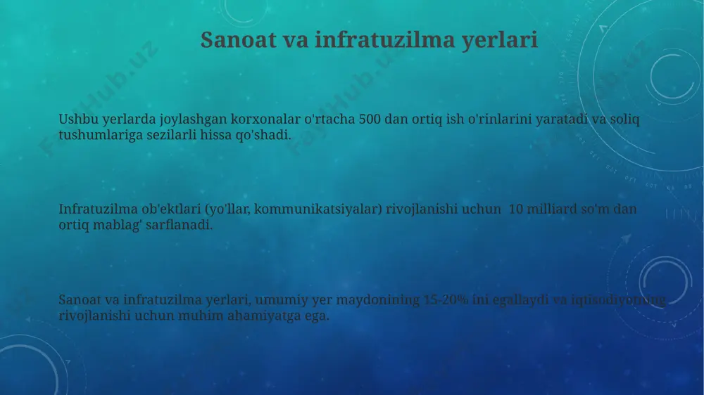iga xos xususiyatlarga va iqtisodiy ahamiyatga ega. davlat tomonidan yer resurslaridan samarali foydalanishni ta'minlash uchun 10 dan ortiq qonun hujjatlari qabul qilingan, bu yerlarning degradatsiyasi va noto'g'ri ishlatilishining oldini olishga qaratilgan. e'tiboringiz uchun rahmat @taqdimot_robot image3.png