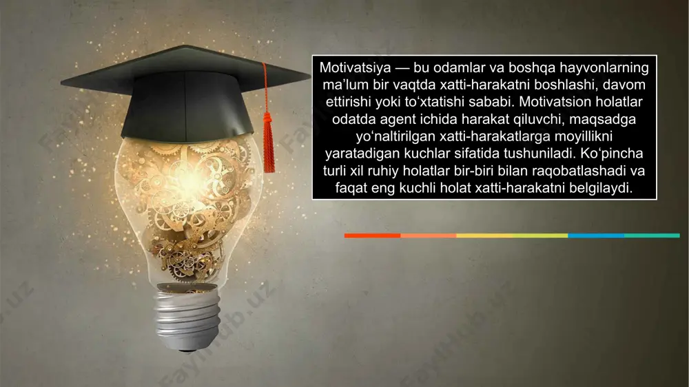ess your audience and add a unique zing and appeal to your reports and presentations with our templates. easy to change colors, photos and text. motivatsiya. oʻzingizga va boshqalarga motivatsiya berish. •odamlarda doimo qiziqish va ish, rol yoki mavzuga sodiq qolish yoki maqsadga erishish uchun harakat qilishni xohlaydigan istak va kuchni ragʻbatlantiradigan ichki va tashqi omillar. •biror bir maqsadga erishish uchun boʻlgan kuchli xoxish yoki istak bormi demak sizda ozingizga boʻlgan ishonch va oʻzgalarga otkazadigan tasir kuchingiz ijobiy. siz karshingizdagi insonga bir soʻz bilan ruxlantirib oʻziga ishonch uygʻota olasiz. shakllanmagan motivatsiya odatiy holdir va siz u bilan ishlashingiz kerak boʻladi, shunda odam toʻsiqlarni, shu jumladan dangasalikni engib oʻtishi va oʻzini muvaffaqiyatli deb bilishi kerak. oʻzini anglash va rivojlantirish uchun motivlarni, istaklarni, qiziqishlarni tinglashga arziydi. biror narsani juda qattiq istagan insonlar boshqalarnikidan kattaroq natijalarga erishishlari, boshqa barcha narsalar teng boʻlishi bejiz emas. xalq aytganidek: „xudo intiluvchiga farishtalarni beradi“. siz oʻzingizning intilishlaringizni …