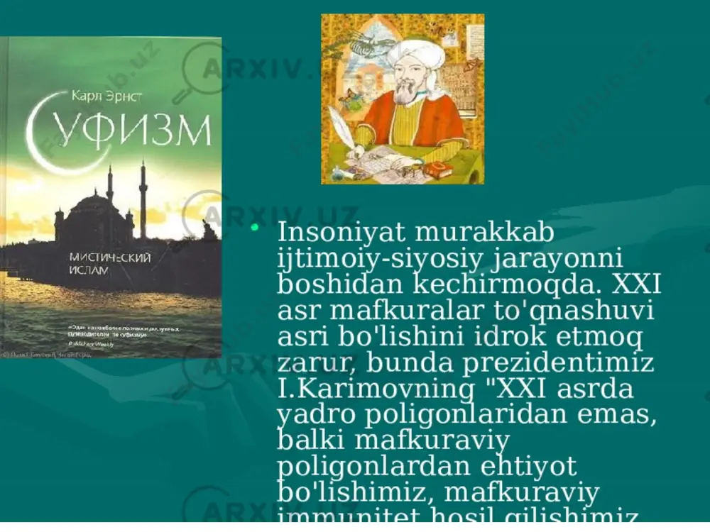 hokazo. qalandariya, malomatiya kabi oqimlar esa biror shayx nomi bilan bog’liq bo’lmagan, alohida yo’nalishlardir. markaziy osiyoda quyidagi tariqatlar qadimdan keng tarqalgan: qodiriya, yassaviya, kubraviya va naqshbandiya (yoki «xojagon»). qodiriya tariqati eronlik shayx geloniy (1077–1166) nomi bilan asoslangan. u asosan bag’dodda yashab karomatlar ko’rsatish, ilmu riyozat bilan mashhur. sunniy mazhabidadir. abulqodir geloniy junayd bag’dodiyning «sahv» (hushyorlik) kontseptsiyasini rivojlantirgan, u muridlari orasida «buyuk madadkor» (g’avsul a’zam) nomi bilan mashhur bo’lgan. uning tariqati hozirgi arabiston mamlakatlari, turkiya va o’zbekistonda tarqalgan. abdulqodir geloniy movarounnahrda bo’lgan emas, ammo shunga qaramay uning tariqatining farg’ona vodiysi, samarqand, qashqadaryo tomonlarda ixlosmandlari va izdoshlari bor. yassaviya tariqati hozirgi markaziy osiyo, turkiya va rossiya xududlarida tarqalgan. kubraviyaning asoschisi xorazmlik ulug’ shayx najmiddin kubro (1145–1221)dir. u kishining ismi ahmad, otasining ismi umar bo’lib, najmiddin, kubro, valitarosh, abuljannob so’zlari u kishini sharaflovchi kunya va laqablardir. u kishi misr, eron iroq, shom mamlakatlarini kezib, turli ilmlarni egallaganlar. shayx ro’zbehon vazzon, bobo faraj, shayx …