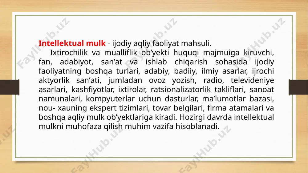 shirilgan sanadan eʼtiboran oʻn sakkiz oy oʻtganidan keyin rasmiy axborotnomada eʼlon qilinadi. demak, ariza berilgach yigirma oylardan keyin masala ijobiy hal etilsa, ixtirochiga patent 20 yil muddatga beriladi. statistikaga koʻra, oʻzbekistonda har oʻnta arizadan faqat uchtasiga ixtiro patenti topshirilmoqda. bugungi kunga kelib, o ʻ zbekiston ham intellektual mulk qonunchilik bazasida katta bosqichni bosib o ʻ tdi. mustaqillik yillarida intellektual mulkni muhofaza qilish sohasida 10 ta davlatlararo, 12 ta hukumatlararo va 21 ta idoralararo shartnoma hamda bitimlar tuzilib, amal qilmoqda. bulardan tashqari, to ʻ g ʻ ridan-to ʻ g ʻ ri ishlaydigan 5 ta qonun, adliya vazirligida ro ʻ yxatdan o ʻ tkazilgan umummajburiy xarakterdagi 25 ta hujjat, hammasi bo ʻ lib idora faoliyatini tartibga soladigan 140 dan ziyod normativ hujjatlar ro ʻ yxatga olingan. ixtirolar, foydali modellar, tovar belgilari intellektual mulkning obyektlari sifatida dunyoda moddiy aktivlardan kam baholanmaydi, balki ayrim hollarda ulardan anchagina yuqori turadi. umumjahon sanoat ishlab chiqarishining yillik …