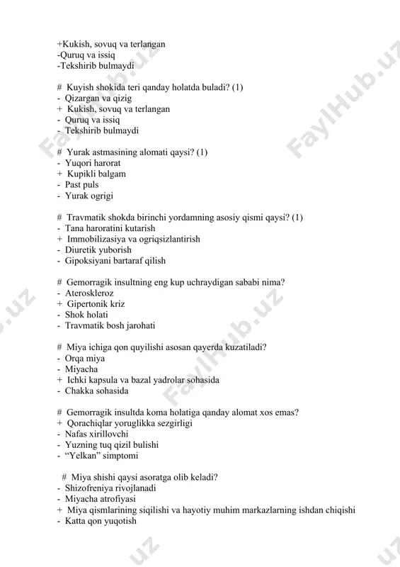 a - gipoproteinemiya + hipoksiya - hipermetabolizm # koma + mioz + bradikardiya uchligi qanday zaharlanishni bildiradi? - alkogolli - barbituratli + opiatli - deliriy # kislota yoki ishqorli modda yutgan bemorga birinchi yordam: - qushtirish - faol kumir berish + suv bilan chayish - spirt ichirish # deliriy rivojlanishida bemorning holati qanday buladi? - hushsiz, javobsiz - kuzlar ochiq, lekin aloqa yuq + qurqinchli gallyutsinatsiyalar bilan quzgalish - tuliq paralich # alkogolli intoksikatsiyada birinchi bosqichda bemorda nima kuzatiladi? - apatiya - gallyutsinatsiyalar + euforiya - deliriy # metanolga xos antidot nima? - nalokson - flumazenil + etanol - atropin # barbituratli koma davolashida birinchi chora: - yurak massaji - qon quyish + nafas yullarini ochish - qushtirish # deliriy bilan ogrigan bemorga qanday dori beriladi? - fenobarbital + galoperidol - diazepam - aspirin # quziqorin bilan zaharlanishning latent davri: - 65 daqiqa - 30 daqiqa + 6-12 soat - …
