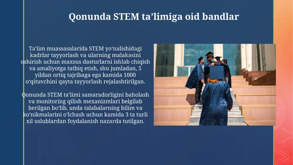 a, loyiha uslubida ishlashga, 21-asr koʻnikmalarini rivojlantirishga, texnologiyalarni qoʻllashga qaratilgan. stem ta’limi uchun oʻquv dasturlari 5-11 sinflar uchun matematikada, fizika, kimyo va informatikada davlat ta’lim standartlariga muvofiq tuzilgan boʻlib, amaliy mashgʻulotlarga 30% dan ortiq vaqt ajratilgan. kelajakdagi istiqbollar va takliflar stem ta’lim yo‘nalishlarida kamida 5 ta yangi ixtisoslashgan o‘quv markazlarini ochish va ularni zamonaviy texnologiyalar bilan jihozlash bo‘yicha takliflar ishlab chiqilishi zarur. stem fanlarini o‘qitishda interaktiv o‘quv dasturlari va virtual laboratoriyalarni joriy etish orqali o‘quv jarayonini modernizatsiya qilish bo‘yicha aniq miqdorlarda qo‘shimcha mablag' ajratish kerak. oʻzbekiston respublikasi ta’lim toʻgʻrisidagi qonuni ta’lim muassasalarining davlat akkreditatsiyasi jarayoni qonunda aniq tartibga solingan boʻlib, akkreditatsiya muddati 5 yildan oshmasligi belgilangan. qonunda kasb-hunar ta’limi tizimining rivojlanishiga alohida e’tibor qaratilib, kamida 150 dan ortiq kasb-hunar yoʻnalishlarini oʻz ichiga oladigan dasturlarni ishlab chiqish nazarda tutilgan. stem ta’limi va mehnat bozori oʻzbekiston mehnat bozorida stem mutaxassislariga boʻlgan talab yiliga oʻrtacha 15-20% ga oʻsib bormoqda, bu esa stem ta’limining …