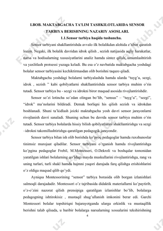 tqning o’sishi bu bolaning qay darajada rivojlanishiga ham bog’liqdir. maktabgacha ta’lim yoshidagi bolalarni tarbiyalashda hamda ularda “tuyg’u, sezgi, idrok, sezish” qobilyatlarini shakllantirishda sensor tarbiya muhim o’rin tutadi. sensor tarbiyani qo’llashdan maqsad - maktabgacha tarbiya yoshdagi bolalarning har jabhada qobilyatlarini shakllantirish, o’stirish, yuksaltirishga qaratilgandir. ma’lumki, bolalarda idrok qilish sezish natijasida aqliy harakatlar , narsa va hodisalarning analiz hamda sentez qilish , umumlashtirish , yaxlitlash hodisasi yuzaga keladi. bu esa bilish qobilyatining zarur sharti hisoblanadi. sensor harakatlarning rivojlanishi darajasi bolaning qobilyatlari shakllanayotganida hamda muayyan bilimlarini va ayrim amaliy ko’nikmalarni egallash jarayonida muhim rol o’ynaydi. bolada ranglarni va shakllarni ajrata olish qobilyati shakllangan bo’lsa, tevarak –atrofdagi narsalarning xossalarini ko’ra oladi va his qiladi. bu esa bola biror voqeani tasvirlab aytib berishi, rasm chizishi , loydan nimalarnidir o’xshata olishi, qog’ozdan , matodan turli narsalar qirqishi – qurish – yasash ko’nikmalarini rivojlanishiga imkon beradi. shuni ta’kidlash joizki, sensor tarbiyaning protsesslari ayniqsa, ilk yosh davrida alohida …