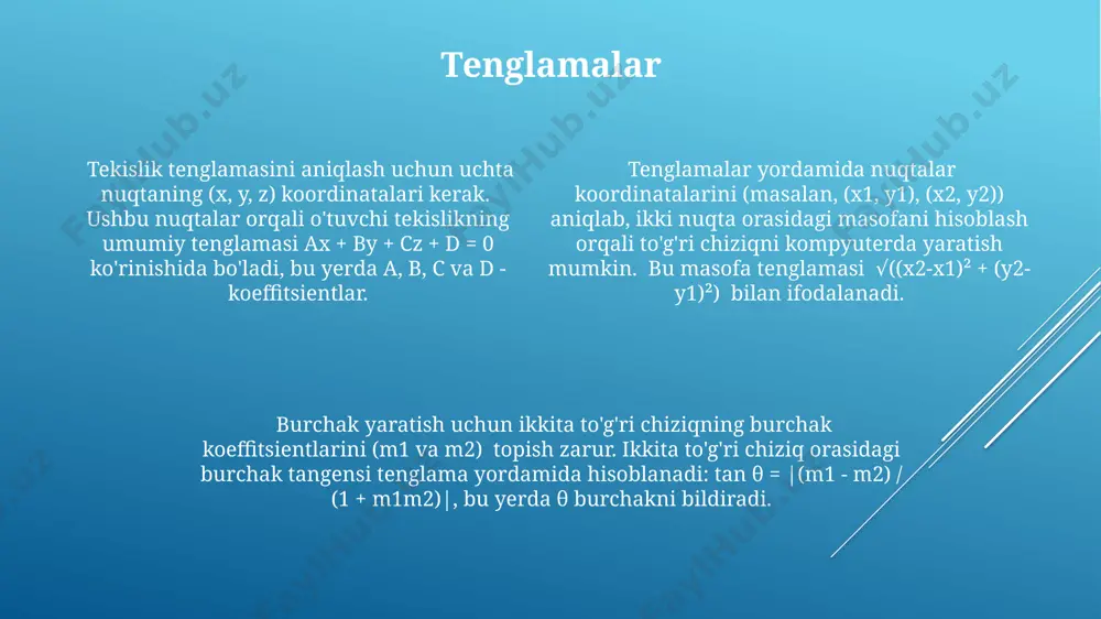 dellashda samolyotni 3 ta o'zaro kesishmaydigan nuqta yoki bitta nuqta va ikkita yo'naltiruvchi vektor bilan aniqlash mumkin, shuningdek, 2 ta kesishuvchi to'g'ri chiziqlar yordamida aniqlanadi. to'g'ri chiziq tenglamasini (masalan, y = mx + c) va burchakni ikki to'g'ri chiziq oralig'idagi burchakni hisoblash orqali, kompyuterda aniq geometrik shakllarni yaratish mumkin, bunda m - burchak koeffitsienti, c - kesishma. kompyuterda 2 o'lchovli tekislikni yaratishda koordinata tizimidan (masalan, dekart koordinatalari) foydalaniladi va nuqtalarni (x,y) koordinatalari bilan aniqlash orqali to'g'ri chiziq va burchak hosil qilish mumkin. tekislik yaratish to'g'ri chiziqni ikkita nuqta koordinatalarini aniqlash orqali chizish mumkin, bu esa ikki nuqta orasidagi masofani 2 o'lchovli yoki 3 o'lchovli fazo uchun hisoblash imkonini beradi. burchak yaratish uchun ikkita to'g'ri chiziq kesishgan joyini aniqlash kerak, bu nuqta burchak hosil qiladi va burchak kattaligi gradus yoki radianlarda o'lchanadi. tekislik yaratishda 3 o'lchovli koordinata sistemasidan (x, y, z) foydalaniladi va kamida 3 ta nuqta koordinatalarini aniqlash orqali tekislik …