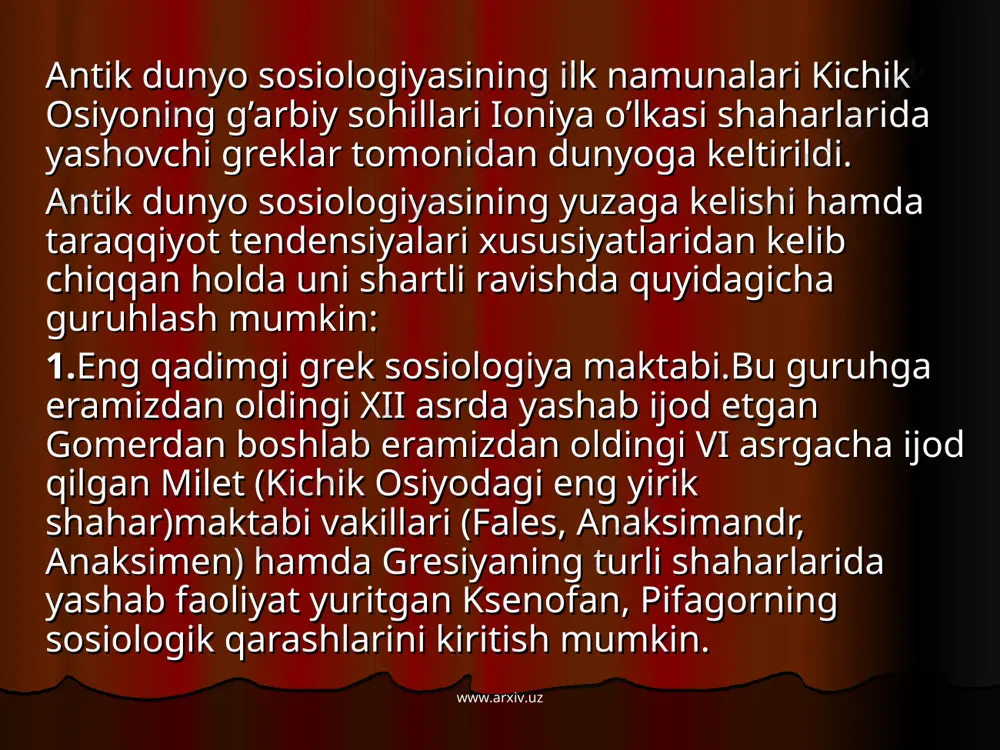 avqeini belgilab olish vazifasini o’tar edi.konfusiy kishilarni jamiyatda egallab turgan o’rinlarini, ijtimoiy mavqelarini o’zgartirishlariga qarshi turgan. u insonlar o’z ijtimoiy mavqelarini o’zgashtirish yo’lida emas, balki shu mavqe mazmunini teran bilimlar bilan boyitishga chaqiradi. www.arxiv.uz www.arxiv.uz platon murakkab ijtimoiy siyosiy muhit- da yashaganligi sababli ideal davlat tu- zumini orzu qilgan.bu ideal davlat quyi- dagi fazilatlarga ega bo’lishi lozim. 1.donishmandlik; 2.jasorat; 3.har ishda oqilona me'yorni saqlay bilish; 4.adolat. www.arxiv.uz www.arxiv.uz movarounnaќr jamoatchilik fikri tarixini o’rganishda moturidiya maktabining asoschisi abu mansur al- moturidiy asarlari muhim o’rin tutadi.uning asarlarini nafaqat dinshunoslik, balki jamiyat, jamoa, ijti­moiy jarayonlar va xususan shaxs haqidagi ta'limot sifatida yondashish,ularni movarounnaќr ќududi ќayot tarzi, mentalitetiga muvofiq keluvchi, ularni g’oyaviy,e'tiqodiy yakdil- likka undovchi yaxlit ilmiy sosiologik konsepsiya sifatida baќolash va har tomonlama o’rganish maqsadga muvofiqdir. ulrix rudolf shaxsning islom e'tiqodi darajasidagi faoliyati, erkin fikrlash xuquqi va imkoniyatlarini atroflicha katta mavqega muvofiq keluvchi nazariya deb baholaganda, buyuk yurtimizning xarakterli qirralarini ochib berdi. darhaqiqat, …
