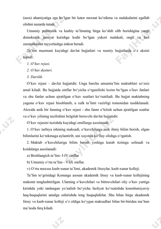 iyasi yukoriligi va pedagogik texnologiyalarining yangiligi bilan farq kiladi. zamonaviy bilim berish uchun o‘kituvchilarning o‘zi ana shunday bilimga ega bo‘lishi kerak. shuning uchun pedagog kadrlarning obro‘-e’tiborini, ijtimoiy makomini, mas’uliyatini, malakasini oshirishga va zamon talablariga mos xolda tayyorlashga e’tibor karatilgan. akademik litseylar va kasb-xunar kollejlariga o‘kuvchilarni kabul kilish kanday amalga oshiriladi? bu umum o‘rta maktabning 9 sinfi bitiruvchilarining yakuniy davlat attestatsiyasi natijasiga binoan o‘kuvchi tomonidan yigilgan reyting ko‘rsatkichlari hamda pedagog psixologik tashhis markazlari tavsiyalari asosida o‘kuvchi akademik litseyda yoki kasb-xunar kollejining ma’lum yo‘nalishida o‘kishni davlom ettirish huquqiga ega bo‘ladi. o‘kuv rejasida ayrim tabiiy fanlar, ayniksa, matematika, informatika, fizika fanlari, ayrim gumanitar fanlar bo‘yicha o‘kuvchilarning kizikishi va xohishlarini koniktirish, kobiliyatlarini rivojlantirish maksadida o‘tkaziladigan fakultativ mashgulotlar ko‘rsatilgan bo‘ladi. o‘kuv dasturi – har bir aloxida fan uchun o‘kuv dasturi tuziladi. dastur o‘kuv rejasiga asoslanadi. fanning maksadidan, o‘kuv rejasi bo‘yicha ajratilgan soat va bilim xajmi uning tizimi mavjud jamiyatning goyaviy- siyosiy yo‘nalishini o‘zida aks ettiradigan …