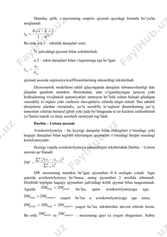modellarni tahlil qilayotganda darajalar tebranuvshanligi ikki jihatdan qaralishi mumkin. birinshidan, ular o’rganilayotgan jarayon yoki hodisalarning rivojlanish qonuniyatlari namoyon bo’lishi ushun halaqit qiladigan «tasodifiy to’siqlar» yoki «axborot shovqinlari» sifatida talqin etiladi. shu sababli darajalarni ulardan «tozalash», ya’ni tasodifiy to’siqlarni dinamikaning juz’iy tomonlari sifatida bartaraf qilish yoki juda bo’lmaganda ta’sir kuchini zaiflashtirish yo’llarini topish va ilmiy asoslash zaruriyati tug’iladi. darbin – uotson mezoni avtokorrelyatsiya - bu keyingi darajalar bilan oldingilari o’rtasidagi yoki haqiqiy darajalari bilan tegishli tekislangan qiymatlari o’rtasidagi farqlar orasidagi korrelyatsiyadir. hozirgi vaqtda avtokorrelyatsiya mavjudligini tekshirishda darbin – uotson mezoni qo’llanadi: dw mezonning mumkin bo’lgan qiymatlari 0–4 oraliqda yotadi. agar qatorda avtokorrelyatsiya bo’lmasa, uning qiymatlari 2 atrofida tebranadi. hisoblab topilgan haqiqiy qiymatlari jadvaldagi kritik qiymat bilan taqqoslanadi. agarda bo’lsa, qator avtokorrelyatsiyaga ega; yuqori bo’lsa u avtokorrelyatsiyaga ega emas; yuqori bo’lsa, tekshirishni davom ettirish lozim. bu erda va – mezonning quyi va yuqori shegaralari. salbiy avtokorrelyatsiya mavjud (minus ishoraga ega) bo’lsa, u …