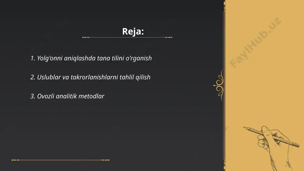 nologiyalari bozori 10,7 milliard aqsh dollarga yetgan. ovozli analitik dasturlar qo'llash sohasi keng: telekommunikatsiya, mijozlarga xizmat ko'rsatish, sog'liqni saqlash va qidiruv tizimlari. 75% korxonalar ovozli yordamchilarni foydalanuvchilar tajribasini yaxshilashda qo'llamoqda. bu texnologiyalar nutq so'zlashuvining 85-95% aniqlikda tanish imkonini beradi. modellarni o'qitishda katta hajmdagi ovozli ma'lumotlar to'plami talab etiladi. ... t.me/slaydai_bot mikroifodalarni taniqlash - bu inson yuzidagi mikroifodalarni aniqlash va tahlil qilish jarayoni. mikroifodalar insonning his-tuyg‘ularini qisqa vaqt, ko‘pincha bir soniya ichida ifodalaydi. ushbu texnologiya psixolog pol ekman tomonidan kashf etilgan. mikroifodalar asosan 43 ta yuz mushaklari harakati orqali yuzaga keladi. tadqiqotlar shuni ko‘rsatdiki, bu ifodalar 7 ta asosiy his-tuyg‘ularni aniqlashda yordam beradi: xursandlik, g‘azab, qo‘rquv, kutilmaganlik, qayg‘u, nafrat va befarqlik. mikroifodalarni aniqlashning aniqligi zamonaviy texnologiyalar yordamida 90% dan ortiq bo‘lishi mumkin. bu texnologiyalar xavfsizlik, tibbiyot va inson resurslari sohalarida qo‘llaniladi. verbal yolgon aniqlash texnikalari shodiyev o o e'tiboringiz uchun raxmat! image1.png image2.png image3.jpg