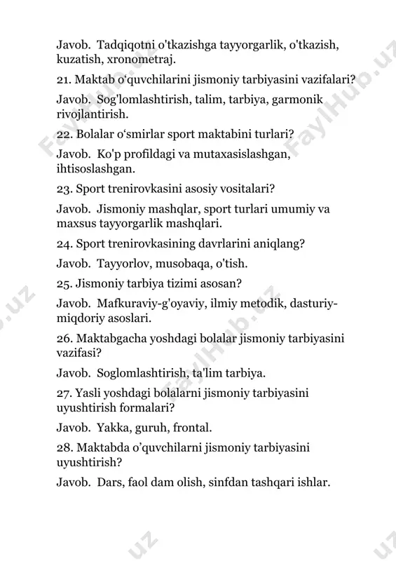 ning mazmuni kim tomonidan rejalashtiriladi? javob. metodist. 62. mashg`ulotning tayyorlov qismini vositasi? javob. saflash qayta saflash. 63. bolalarda fikirlashni va turg`un qiziquvchanlikni shakllantirish? javob. 64. namoish qilish metodidan foydalanish – bu? javob. qo'llanmani ko'rgazmali namoyish etish. 65. jismoniy tarbiya tizimining printsiplari? javob. sog'lomlashtiruvchi. 66. bog`chada jismoniy tarbiya tashkil qilishga kim javobgar? javob. jismoniy tarbiya metodisi. 67. jismoniy tarbiya bo’yicha ishlarni kim rejalashtiradi? javob. jismoniy tarbiya tarbiyachisi. 68. jismoniy tarbiyaning asosiy vositasi? javob. jismoniy mashqlar. 69. saflanish – qayta saflanish komandalarini aniqlik bilan bajashning tavsifi? javob. 70. jismoniy sifatlar bilan tasniflanuvchi oddiy va murakkab reaktsiyalar? javob. tezkorlik. 71. tezkorlik qobiliyatini tarbiyalash uchun qo’lay bo’lgan yosh? javob. 8-11 yosh. 72. muskul kuchlarining o’sish tempi ko’zga tashlanadigan yosh? javob. 13-15yosh. 73. bug`unlardagi harakatchanlikning susayishi qachondan boshlanadi? javob. 14 yoshdan keyin. 74. 6-7 yoshli bolalarga mashg`ulotning asosiy qismi uchun mashqni tanlang? javob. 30metrga yugurish. 75. mashg`ulotning yakuniy qismi uchun mashqni tanlang? javob. egiluvchanlikni rivojlantiruvchi …