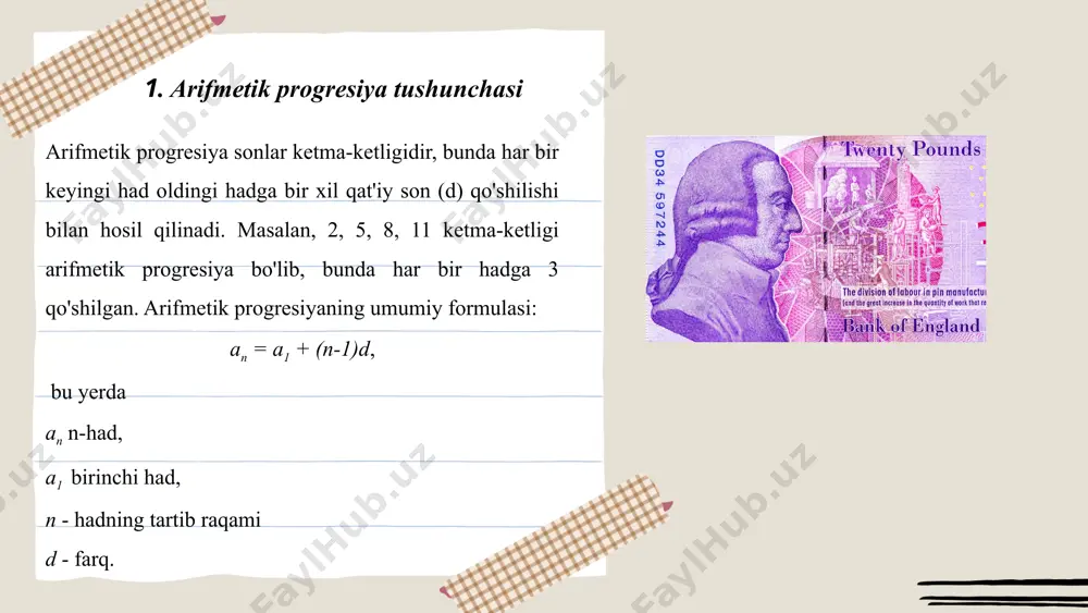 miy ifodasi: a, a+d, a+2d, ..., a+(n-1)d bo'lib, bunda a - boshlang'ich qiymat, d - pog'ona farqi. arifmetik progressiyaning n-elementi an = a + (n-1)d formula orqali topiladi. shu bilan birga, ketma-ketlikning yig'indisi sn = n/2 * (2a + (n-1)d) formulasi orqali hisoblanadi. mantiqiy qiziqrli masalalar xo’roz o’zini parranda deb atashi mumkinmi? o’tgan yilgi qorni topish uchun nima qilsa bo’ladi? itning bo’yniga uzunligi 5 metr bo’lgan arqon bog’langan edi, lekin shunga qaramay to’g’ri bo’ylab 10 metr uzoqlikka keta oldi. u buni qanday uddaladi? mustahkamlash uchun testlar 1. agar arifmetik progressiyada a1=2, an=20, n=10 bo’lsa, uning dastlabki n ta hadi yig’indisini toping : a) 110 b) 100 c) 90 d) 22 e) 25 2. agar arifmetik progressiyada a1=2, d=2 bo’lsa, uning dastlabki 18 ta hadi yig’indisini toping: a) 243 b) 342 c) 300 d) 245 e) 234 3. agar n=11 bo’lsa, 6, 9, 12, … dastlabki n ta hadi yig’indisini toping: …