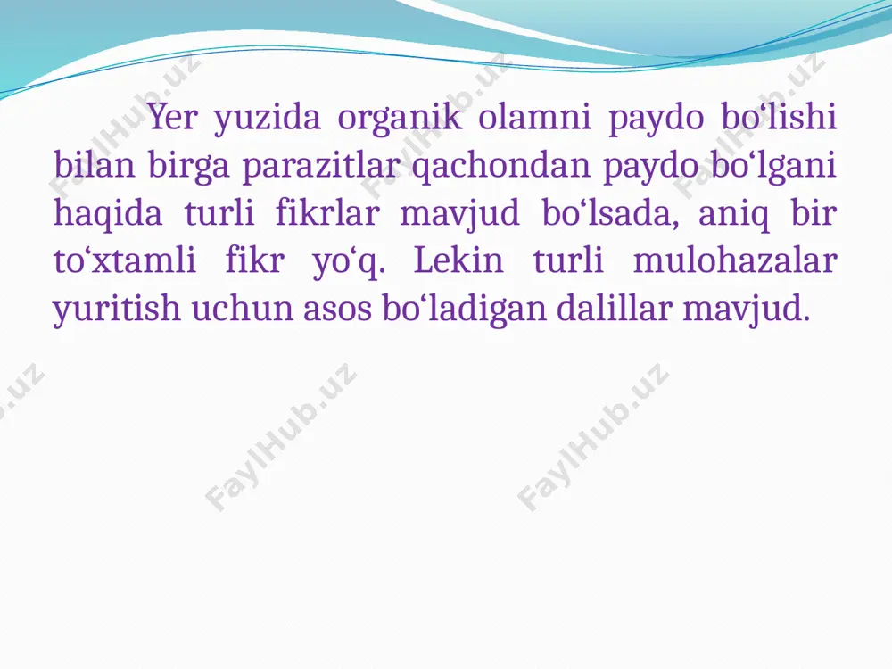 oziqlanishga o‘tgan. endoparazitlarning kelib chiqishi ektoparazitlarning kelib chiqishi bilan bog‘liq. terida parazitlik qiluvchi infuzoriyalarning bir guruhi, ayrim hasharotlarning lichinkalari endoparazitlarga aylangan. masalan, saqoqushlarni ektoparaziti-kana avvaliga patxo‘rlik bilan oziqlangan, keyinchalik tumshuq osti xaltasiga o‘tib, qon hisobiga oziqlanishga o‘tgan. ko‘pchilik hollarda endoparazitlar ichak parazitlaridan kelib chiqqan. ichak oziqa mahsulotlariga boy bo‘lib, ko‘pchilik parazitlar uchun qulay hisoblanadi. ichak kommensallari xo‘jayinni chiqindi oziqasi hisobiga emas, xo‘jayin oziqasiga sherik bo‘lib kommensallikdan to‘g‘ridan-to‘g‘ri parazitlikka o‘tadi. endoparazitlarning kelib chiqishini yana o‘ziga xos xususiyatlaridan biri, tabiatdagi erkin yashovchi umurtqasizlarning sistalari, tuxum va lichinkalari, tasodifan boshqa organizmlarning ovqat hazm qilish sistemasiga tushib qolgan, u yerda rivojlanishni davom ettirgan va shu holat bir nechta avlodda takrorlanib, keyin ichak parazitlari vujudga kelgan. qon parazitlari ham avval ichakda parazitlik qilib, keyin turli yo‘llar bilan qonga o‘tib, qon parazitlariga aylangan. bunda qon parazitlari ichak bo‘shlig‘ida yashaydigan parazitlardan kelib chiqqaniga shubha yo‘q. umurtqali hayvonlarni qonida yashaydigan parazitlar, oldin umurtqasizlarning ichak parazitlari bo‘lgan. umurtqasizlar umurtqalilarni …