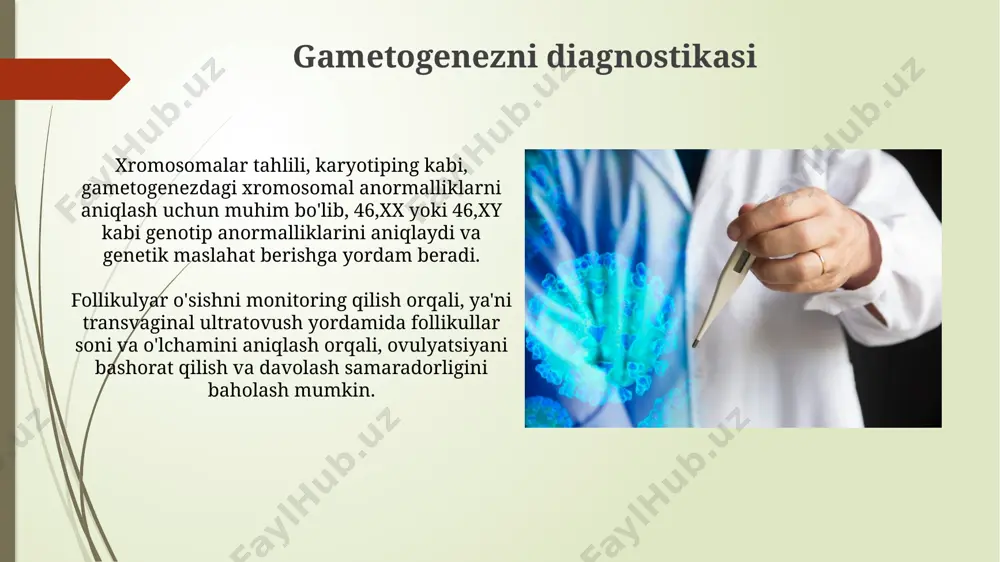 adi, uning optimal darajasi 10-40 ng/ml oralig'ida bo'lib, bu jarayonning samaradorligiga bevosita ta'sir qiladi. undan past yoki yuqori konsentratsiyalar gametogenezni susaytiradi. genetik omillar va gametogenez xromosomalar sonining o'zgarishiga olib keladigan nondisjunksiya hodisalari, masalan, trisomiya 21 (down sindromi), gametogenezdagi genetik nazoratning buzilishi tufayli yuz beradi va bu muammolarni aniqlash uchun genetik tekshiruvlar qo'llaniladi. meiotik rekombinatsiya jarayonida, o'rtacha 1-2 marta xromosomalar almashinuvi (crossing-over) ro'y beradi va bu genetik xilma-xillikni ta'minlaydi, ayni paytda mutatsiyalar ham gametogenez jarayonida genetik xilma-xillikning manbaidir. kelajakdagi tadqiqot yo'nalishlari erkak va ayol gametogenezi o'rtasidagi molekulyar farqlarni aniqlash va 100 dan ortiq yangi genlarning rolini o'rganish orqali reproduktiv salomatlikni yaxshilashga qaratilgan tadqiqotlarni rivojlantirish. gametogenez jarayonini boshqarishda crispr/cas9 kabi gen muhandisligi texnologiyalaridan foydalanish imkoniyatlarini chuqurroq o'rganish, 5-10 yil ichida unumdorlikni sezilarli darajada oshirishga yordam beradi. gametogenezdagi buzilishlar gametogenezdagi xromosomalar sonining anormalligi, masalan, trisomiya 21 (down sindromi) kabi genetik kasalliklarga olib kelishi mumkin, bu esa gametalarning 46 dan farqli xromosomalar soniga ega …