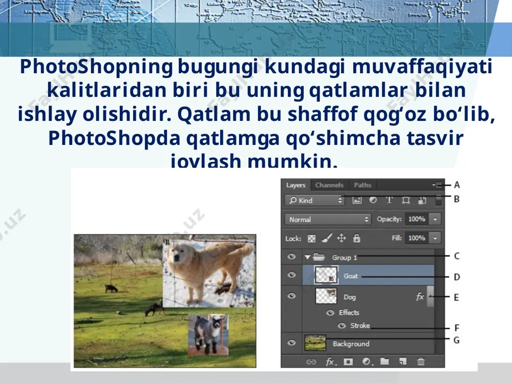 uk va mehmonxona rasmlarini yuklab olamiz. mehmonxona tasvirini to‘liq ajratib (ctrl+a qo'shtugmasi), undan nusxa olamiz (ctrl+c). noutbuk rasmiga o‘tib, unga nusxani joylaymiz (ctrl+v). mehmonxona tasviri burchaklarida maxsus markerlar paydo bo‘ladi. ulardan birini sudrab, noutbuk ekrani burchagiga olib kelamiz (2-rasm). mehmonxona tasvirining qolgan uchlaridagi markerlami sichqoncha bilan sudrab, kerakli joyga olib kelamiz (3-, 4-va 5-rasmlar). yon oynadagi mototsiklchilarning tasvirini oddiy arqon yoki magnitli arqon uskunasi bilan ajratib olamiz. klaviaturadagi delete tugmasini bosib, ajratilgan bo'lakni o‘chirib tashlaymiz savol va topshiriqlar 1. mehmonxona suratini boshqa suratdagi kompyuter ekraniga joylang. 2. mehmonxona suratini boshqa suratdagi avtomashinaning yon oynasiga joylang. 3. yon oynasida mehmonxona rasmi bo’lgan avtomobil rasmini suratdagi kompyuter ekraniga joylang. 4. kublarni boshqa usullarda joylab, yangi tasvirlar yarating. image2.jpeg image3.jpeg image4.jpg image5.jpeg image6.png image7.jpeg image8.png image9.jpeg image10.jpeg image11.jpeg image12.jpeg image13.emf image14.emf image15.emf image16.emf image1.jpeg