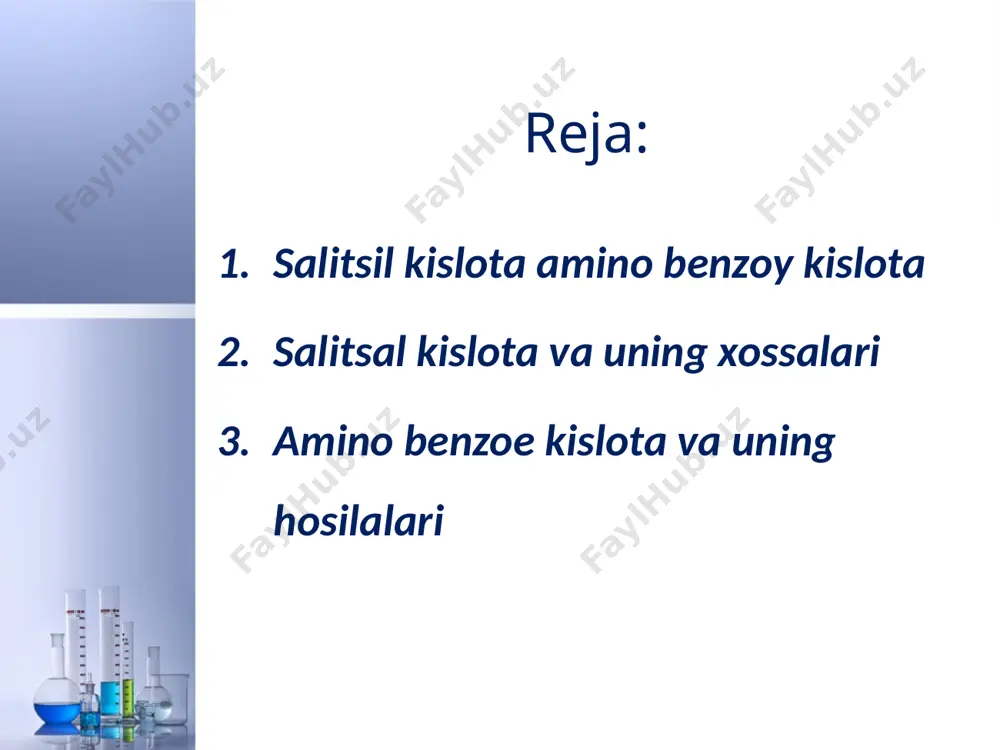 minobenzoy kislota oqsillar tarkibiga kirmaydigan aromatik aminokislota bo’lib, rangsiz kristall modda. u n-nitrobenzoy kislotani qaytarish orqali olinadi aromatik aminokislotalarning efirlari ogriqni qoldiruvchi ta’sir ko’rsatadi. bu ta’sir ayniqsa para- xosilalarda keng namoyon bo’ladi. tibbiyotda n-aminobenzoy kislota etil efiri (i) anestezin, b-dietilaminoetil efiri (ii) esa novokain nomi bilan 218 oh h2n n n n n 1 2 3 4 5 6 7 8 ch2 n h c o nh ch ch2 ch2 c o oh hooc nh2 ogriqni qoldiruvchi vosita sifatida keng ishlatiladi. bu efirlar hlorgidrat tuzi xolida ishlatiladi, chunki tuz xolida ular suvda yahshi eriydi. shuningdek, nbutilaminobenzoy kislota dimetil-aminoetil efirining hlorgidrat tuzi (iii) dikain nomi bilan ko’z, quloq, tomoq, burun kasalliklarini davolashda og’riq qoldiruvchi vosita sifatida qullanadi. n-aminobenzoy kislota dietilaminoetilamidining hlorgidrat to’zi (iv) esa novokainamid nomi bilan aritmiyaga qarshi vosita sifatida ishlatiladi. n-aminobenzoy kislota qoldigi yana darmondori modda - foli kislota molekulasining tarkibiga kiradi. image2.jpeg image3.jpeg image4.jpeg image5.png image6.jpeg image7.jpeg image8.png …