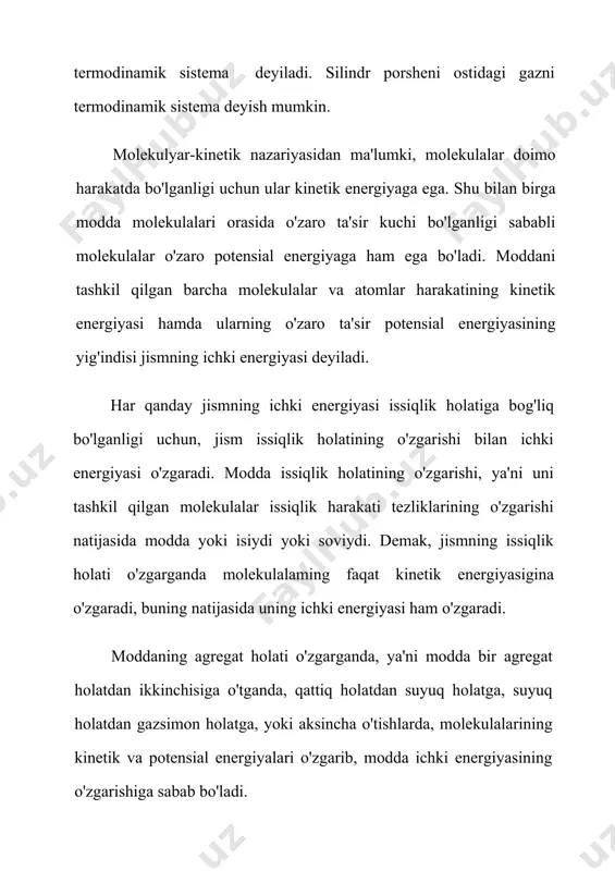 y energiya sarflamasdan ish bajarish lozim edi. ikinchi tur perpetuum mobile esa termadinamikaning ikkinchi bish qonuni inkor etiladi. ikkinchi tur perpetuum mobileni yasash mumkin emasligi kelvin tomonidan ikkinchi bosh qonunga berilgan tarifda aniqroq aks ettirilgan. sistemaga oid bolgan sovuq jismning issiqligini ishga aylntira oladigan issiqlik mashina yaratib bolmaydi. xaqiqatdan bunday qurilma asrimizning ortalarida franzuz injinerlari klod va bushero tomanidan afrika shimoliy qirgoqlari yaqinida barpo etildi. unda okeanning sovuq qatlamlaridan sovutgich sifatida, yuqoriroqdagi issiqroq qatlamlaridan esa issitgich sifatida foydalanilgan. binobarin issiqroq qatlamlaridan olingan issiqlik miqdorining bir qismi ishga aylantirilgan . qolgan qismi sovuqroq qatlamlarga va atrof muxitga berilgan. termodinamikaning ikkinchi bosh qonunini klauzius quydagicha tariflaydi: issiqlik miqdori o’z o’zicha kamroq isigan jismdan ko’proq isigan jismga o’ta olmaydi. xaqiqatdan issiqlik miqdorining bunday uzatilishi sodir bolishi uchun sovutgich mashinalarda ishchi jism ustida ish bajarish lozimligini bilamiz. xulosa qilib aytganimizda termadinimika ikkinchi bosh qonunining tariflari shakillari bilan farqlanadi. lekin barchasining xam mazmuni tabiatdagi protsesslarning …