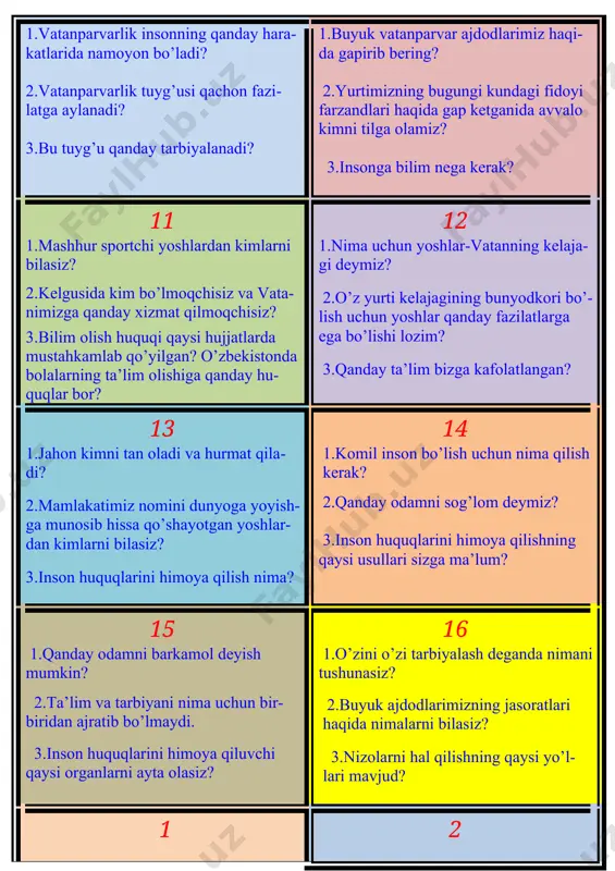 umkin? 2.ta’lim va tarbiyani nima uchun bir- biridan ajratib bo’lmaydi. 3.inson huquqlarini himoya qiluvchi qaysi organlarni ayta olasiz? 16 1.o’zini o’zi tarbiyalash deganda nimani tushunasiz? 2.buyuk ajdodlarimizning jasoratlari haqida nimalarni bilasiz? 3.nizolarni hal qilishning qaysi yo’l- lari mavjud? 1 1.xalqimizning o’ziga xos xususiyatlari deganda nimani tushunasiz? 2.dinlar qadim zamonlardan buyon qan- day g’oyalarni amalga oshirishga xizmat qilib kelmoqda? 3.tolerantlik-deganda nimani tushuna- siz? 2 1.ona tilimizdagi mehr oqibat, mehr- muhabbat, qadr-qimmat degan iboralarni nima uchun boshqa tillarga tarjima qi- lish qiyin? 2.diniy konfessiya nima? 3.ona vatanimiz-o’zbekiston qanday davlat? 3 1.ajdodlarimizni qadimdan jamoa bo’- lib yashashga undagan qanday sabablar bo’lgan? 2.”din” so’zining ma’nosi nima? 3.millatlararo hamjihatlik g’oyasi nega umumbashariy qadriyat hisoblanadi? 4 1.mustaqillik yillarida jamoaviylikka xos qanday an’ana va qadriyatlarimiz tiklandi? 2.i. karimovning din haqida aytgan fikrlari haqida gapirib bering? 3.ijtimoiy hamkorlik g’oyasi qanday ezgu maqsadga xizmat qiladi? 5 1.jamoada yetakchining o’rni va ta’siri qanday? 2.siz yaxshi narsani yomon narsadan qanday farqlaysiz? …