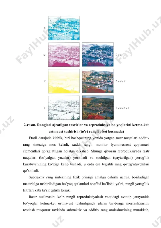 al bo’yoqlar uchun ko’p rangli reproduksiya jarayonining hisobkitobi yetarli darajada oddiy bo’lar edi. bosma bo’yoqlar sifatida qirmizi, havorang va sariq ishlatiladi, qizil, yashil va ko’k ranglar esa asosiy bo’yoqlarning subtraktiv sintezi orqali olinadi. agar ideal asosiy bo’yoqlar rangliligi koordinatalarini va ular sintezlaydigan birinchi tartibli subtraktiv ranglarni (qizil, yashil, ko’k) u’ v’-diagrammada belgilasak (3 rasm), asosiy bo’yoqlar ranglari aralashtirilgan ranglar nuqtalarini birlashtiruvchi chiziqlarda aniq yotishi ma’lum bo’ladi. o’lchamlari katta bosiladigan maydonlarda bo’yoqlar ketma-ket ustmaust tushirilganda faqat subtraktiv rang sintezi kuzatiladi. sof subtraktiv sintezda rang yorqinligi bo’yoq qatlamligi qalinlashgani sari kamayib boradi. avtotip jarayonda ko’p bo’yoqli reproduksiyada rastr tuzilmasi va ketma-ket bosishda bo’yoqlarni moslashtirishni sozlash ranglarning murakkab subtraktiv va additiv o’zgarishiga olib keladi. bu erdan bosma bo’yoqlarning spektral xossalariga qo’yiladigan muhim talab kelib chiqadi. bu talab shundan iboratki, ham bo’yalgan rastr nuqtalarini bosiladigan maydonda yonma-yon joylashtirish hisobiga rang sintezi vaqtida (additiv sintez), ham shu nuqtalarni birini boshqasining ustidan joylashtirish vaqtida (subtraktiv sintez) …