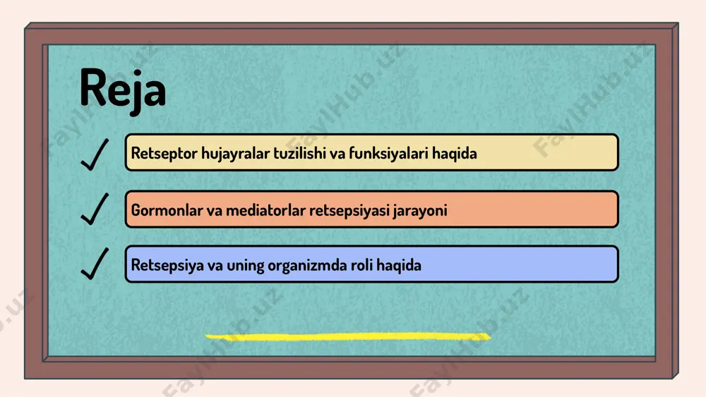 masalan, retseptorlarining o'zgarishi yoki gormonlar darajasining disbalansi, organizmning normal faoliyatini buzishi mumkin. ushbu muammolarni hal qilish uchun tibbiyotda turli dori vositalari va terapiya usullari ishlab chiqilgan. retseptor hujayralar va gormonlar gormonlar va retseptorlar o'rtasidagi aloqalar: - gormonlar hujayra retseptorlariga bog'lanib, fiziologik jarayonlarni boshqaradi. - retseptorlarning gormonlarga nisbatan sezgirligi ularning tuzilishi va funktsiyalariga bog'liq. - misollar: insulin metabolizm va energiya balansini nazorat qiladi; estrogen va androgenlar reproduktiv funktsiyalarni boshqaradi. - gormonlar ta'sirida retseptorlarning o'zgarishlari signalizatsiya yo'llarini faollashtirib, fiziologik natijalarga olib keladi. gormonlar va mediatorlar retsepsiyasi jarayoni haqida umumiy ma'lumot gormonlar va mediatorlar retsepsiyasi jarayoni hujayralararo aloqa va signalizatsiyaning asosiy mexanizmlaridan biridir. bu jarayonda gormonlar va mediatorlar retseptorlarga bog'lanib, hujayralarning faoliyatini tartibga soladi. retsepsiya jarayoni bir necha asosiy bosqichlardan iborat: gormon yoki mediatorning retseptorga bog'lanishi, signalni ichki hujayra mexanizmlariga uzatish va hujayra javobining shakllanishi. bu bosqichlar bir-biri bilan o'zaro bog'liq va muvofiq ravishda amalga oshiriladi. gormonlar va mediatorlar retsepsiya jarayonida bir-biriga ta'sir …