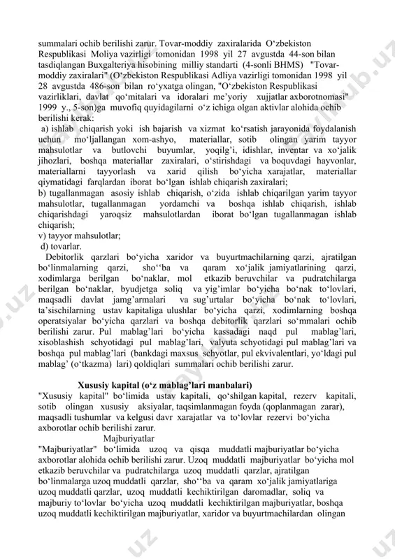 zoq muddatli aktivlar "uzoq muddatli aktivlar" bo‘limida asosiy vositalar va nomoddiy aktivlar qiymati, uzoq muddatli investitsiyalar, o‘rnatiladigan asbob uskunalar, kapital quyilmalar, uzoq muddatli debitorlik qarzlari va uzoq muddatli kechiktirilgan xarajatlar summasi mohiyati ochib berilishi zarur. asosiy vositalar va nomoddiy aktivlar o‘zbekiston respublikasi moliya vazirligi tomonidan 1998 yil 7 sentyabrda 46-son bilan tasdiqlangan buxgalteriya hisobining milliy standarti (5-sonli bhms) ("asosiy vositalar)" (o‘zbekiston respublikasi adliya vazirligi tomonidan 1998 yil 23 sentyabrda 491-son bilan ro‘yxatga olingan, "o‘zbekiston respublikasi vazirliklari, davlat qo‘mitalari va idoralari me’yoriy hujjatlar axborotnomasi" 1999 y., 6-son) va o‘zbekiston respublikasi moliya vazirligi tomonidan 1998 yil 12 oktyabrda 49-son bilan tasdiqlangan buxgalteriya hisobining milliy standarti (7-sonli bhms) "nomoddiy vositalar" (o‘zbekiston respublikasi adliya vazirligi tomonidan 1998 yil 20 oktyabrda 506-son bilan ro‘yxatga olingan, "o‘zbekiston respublikasi vazirliklarp, davlat qo‘mitalari va idoralari me’yoriy hujjatlar axborotnomasi" 1999 yil, 6-son)ga muvofiq boshlang’ich (qayta tiklash) qiymati, - eskirish (amortizatsiya) summasi, qoldiq qiymati bo‘yicha ochib berilishi kerak. uzoq muddatli …