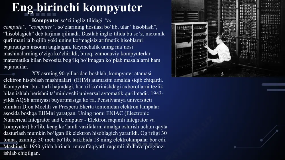 i asosiy sabab esa elektr energiyasidagi uzilishlar bilan bog‘liq. insoniyat asrlar davomida to'plagan bilimlarini kelajak avlod uchun qoldirishga harakat qilib kelgan. buning uchun u toshlar va terilarga rasmlar chizgan, biz harflar deb ataydigan belgilar va qog'oz o'ylab topib, ular yordamida bitiklar yozgan. ajdodlarimizdan bizga qadar minglab qo'lyozmalar va kitoblar yetib kelganini siz yaxshi bilasiz. ularni saqlash uchun juda katta kutubxonalar kerak. avvallari kam nusxadagi qo'lyozmalar va kitoblardan foydalanish uchun oylab, yillab navbat kutishga to'g'ri kelardi. ba'zan, chet mamlakatlar kutubxonalaridagi kitob yoki qo'lyozmalarni olishning umuman imkoniyati bo'lmagan. texnikaning rivojlanishi natijasida bu kabi muammolar hal bo'ldi. hozirgi kunda kompyuterlar asosida tashkil etilgan internet orqali dunyoning istalgan nuqtasidagi kutubxonadan kerakli kitob yoki qo'lyozmalar nusxasini olish, yangi kitob va maqolalarni o'qish, filmlarni ko'rish, biror joyga xat jo'natish va boshqa zarur ishlarni amalga oshirish mumkin. umuman olganda, kompyuter imkoniyatlarini birma-bir sanab chiqish qiyin. demak, inson tafakkurining mahsuli bo'lgan kompyuter juda kerakli mashina ekan. shuning uchun …