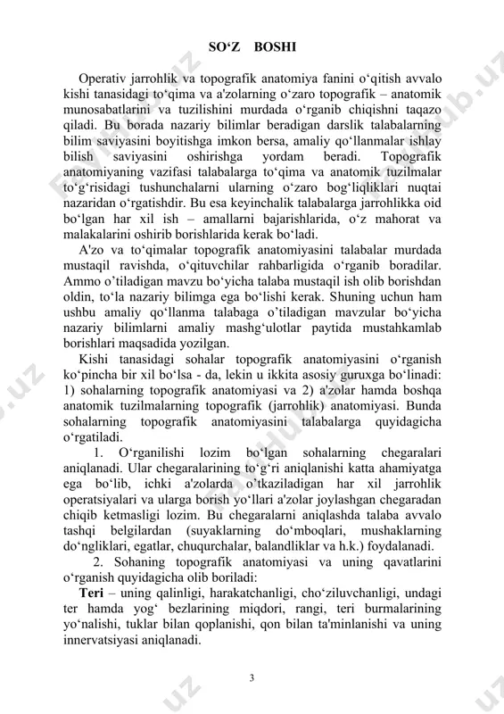 va uning qavatlarini o‘rganish quyidagicha olib boriladi: teri – uning qalinligi, harakatchanligi, cho‘ziluvchanligi, undagi ter hamda yog‘ bezlarining miqdori, rangi, teri burmalarining yo‘nalishi, tuklar bilan qoplanishi, qon bilan ta'minlanishi va uning innervatsiyasi aniqlanadi. teri osti yog‘ to‘qimasi – miqdori, qavatlarga bo‘linishi, qalinligi va unda o’tgan qon tomirlar hamda nervlar o‘rganib chiqiladi. yuzaki fastsiya – zichligi, tuzilish xususiyatlari, teriga yoki ostidagi to‘qimalarga munosabati, ikkinchi varag‘ining bor yoki yo‘qligi ham aniqlanadi. xususiy fastsiya – qalinligi, tuzilishi, mushaklararo to‘siqlar hosil bo‘lishidagi o‘rni, ularning g‘ilofli og‘riqsizlantirishdagi ahamiyati va boshqalar aniqlanadi. mushaklar – guruhlarga bo‘linishi, joylashish tartibi, boshlanish va birikish nuqtalari, o‘zaro topografik munosabatlari, mushaklararo bo‘shliqlarining hosil bo‘lishi, egatlar, kanallar va uchburchaklarning hosil bo‘lishida mushaklarning ahamiyatiga ham e'tibor beriladi. qon tomirlar (arteriya va venalar) – katta qon tomirlarning topografiyasi, ularning tarmoqlari, anastomozlari, kollateral va yonlanma qon aylanishlarining hosil bo‘lishi va ularning o‘zaro munosabatlari ham ko‘rib chiqiladi. bundan tashqari, “kava - kaval” va “porto - kaval” …