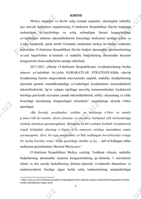 ortig‘i bilan qaytishiga shubha yo‘q», - deb ta’kidlagan edilar muhtaram prezidentimiz shavkat mirziyoyev.[footnoteref:1] [1: https://kun.uz/uz/o‘zbekiston prezidenti maktabgacha ta’lim sohasida xalqaro hamkorlikni kengaytirish bo‘yicha muhim tashabbuslarni ilgari surdi.] o‘zbekiston respublikasi moliya vazirligi toshkent viloyati, mahalliy budjetlarning daromadlar bazasini kengaytirishning qo‘shimcha 3 zaxiralarini izlash va shu asosda hududlarning ijtimoiy-iqtisodiy rivojlanishi dinamikasi va tendensiyalarini hisobga olgan holda soliq tushumlarining aniqlashtirilgan prognozlarini keyinchalik davlat soliq xizmati organlariga yetkazish uchun vazirlikning markaziy apparatidan malakali mutaxassislarni har oyda joylarga yuboriladi. o‘zbekiston respublikasi davlat moliya bo’limi xodimlarining shaxsiy mas’uliyatini oshirish choralarini kuchaytirsin, bunda qator vazifalarni ta’minlashga alohida e’tiborni qaratildi. moliya bo‘limlari mahalliy budjetning prognoz parametrlarini ishlab chiqishda tushumlarning aniqlangan qo‘shimcha manbalarini shu jumladan tuman (shahar) davlat soliq inspeksiyasi ma’lumotlar bazasida hisobda turmagan tadbirkorlik subyektlarini, shuningdek soliq solish obyektlarini ham hisobga oladi. o‘zbekiston respublikasi prezidentining “maktabgacha ta’lim tizimini boshqarishni takomillashtirish chora-tadbirlari to‘g‘risida” 2018-yil 30-sentabrdagi pq-3955-son qaroriga muvofiq, shuningdek, maktabgacha ta’lim tizimini yanada takomillashtirish, sog‘lom, faol, to‘laqonli, jamiyatga moslashgan …