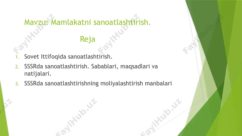 rining iqtisodiyoti hali ham sovet davrida yaratilgan sanoat bazasi hisobiga ishlamoqda. bolsheviklar hukumati xalq xo’jaligini sanoatlashtirishni amalga oshirishda kashshof bo’lmagan. sanoatlashtirish zarurati chor hukumati tomonidan tan olindi va hatto izchil amalga oshirila boshlandi. bu jarayon, ayniqsa, 1890-1914 yillarda ko’mir, neft qazib olish, cho’yan, po’lat ishlab chiqarish, shuningdek, mashina va asbob-uskunalar ishlab chiqarish ko’p marta ko’paygan davrda sezilarli bo’ldi. sanoatlashtirish davring targʻibot plakatni. sssr 1913 yildagi iqtisodiy ko’rsatkichlarga 1920-yillarning o’rtalariga kelib, yengib o’tish zarurati tug’ildi bunga misol: sovet davlatining mudofaa qobiliyatini sezilarli darajada zaiflashtirgan ichki iqtisodiyotning g’arbga texnologik va tarkibiy qaramligi; iqtisodiyotning agrar sektorining rivojlanmaganligi. partiya v.i.leninning to’g’ridan-to’g’ri ko’rsatmalariga asoslanib, “yagona moddiy asosni qayta tashkil etishga qodir bo’lgan yirik mashinasozlik va qishloq xo’jaligi bo’lishi mumkin”. mamlakat rahbariyati tomonidan qabul qilingan dastlabki rejalarga ko‘ra, ishlab chiqarish hajmi 80-100 foizga o‘sishi kutilgan bo‘lib, uni 10 yil ichida amalga oshirish rejalashtirilgan edi shu bilan birga og’ir sanoatda ishlab chiqarishni 47-48 foizga oshirish zarur edi. …