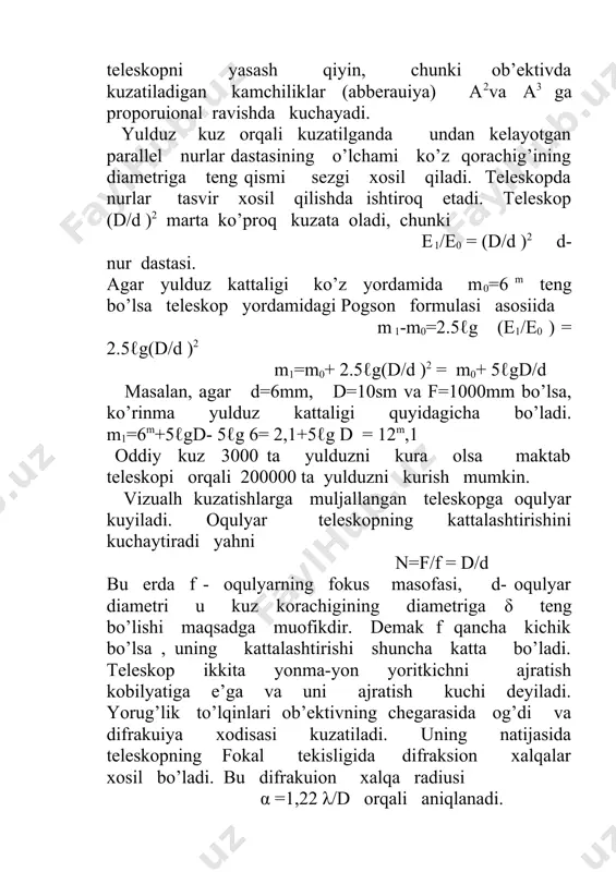 450 bo’lsa kuvvat 2marta kichik bo’ladi. φ = 900 kuvvat 0 ga teng bo’ladi. bu antenna yagona bulmasdan, balki bir necha bo’lib ular bir-birlaridan λ/2 masofada bitta tekislikda joylashtiriladi. bu dipollarni barchasi ulovchi simlar orqali priyomnikka shunday ulanadiki, ulardan keluvchi tebranishlar fazasi bir xil bo’ladi. bu antennani sinfazali deyiladi.. uning ishi oddiy teleskop kabi bo’lib, uziga tushgan barcha e’nergiyani priyomnikka yigadi. sinfazali ko’p dipolli antenna tekisligiga perpendikulyar bo’lgan nurlanishga sezgirligi kuchli bo’ladi, chunki cheksiz uzoqdan kelayotgan radioto’lqinlar antennaga bir vaqtda etib keladi va bir xil fazali uzgaruvchan toqni xosil qiladi. agar radioto’lqin chikaruvchi manba radioteleskop ukidan φ burchakka siljigan bo’lsa u xolda dipollarga xar xil keladi va ularda xosil bo’lgan uzgaruvchan toqlar turlicha bo’lib, ular uzoro kushilganda bir birini yukotadi eki kuchsizlantiradi. mahlum bir . φ2 burchakda 2ta dipolning xosil kilgan tebranishlarning yo’llar farqi λ ga teng bo’lib qoladi va signal kuchayadi. ammo uning intensivligi φ = 0 ga nisbatan …