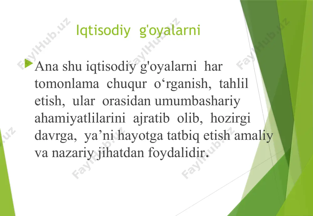 nazariyasi" kitobi axloq, xulq qoidalariga bagʻishlangan. davomi 1776-yilda eng asosiy iqtisodiy asari "xalqlar boyligining tabiati va sabablari toʻgʻrisida tadqiqot"ni nashr etdi. usbu asar 5- kitobdan iborat. asarda oʻsha davrdagi mavjud boʻlgan jami iqtisodiy qarashlar yagona tartibga keltirildi, siyosiy iqtisod fani iqtisodiy bilimlar tizimiga aylandi. smit fikricha, har bir odam xoʻjalik faoliyatida dastlab oʻz shaxsiy manfaat (foyda, ish haqi, renta)ga ega boʻlib, ular oʻrtasida hech qanday qaramaqarshilik yoʻq deb izoxlanadi. davomi "koʻrinmas qoʻl" — bu obyektiv iqtisodiy qonunlarning stixiyali harakati. smit foyda (manfaat) ketidan quvish va raqobatni butun jamiyatga naf keltiruvchi faoliyat deb qaraydi. ilmiy davrlash tamoyillari qadimdan to hozirgi davrgacha minglab turli-tuman iqtisodiy g‘oya, qarash, konsepsiya, nazariya, talimotlar vujudga kelganligi aniq. shu maqsadda yangi-yangi tadqiqotlar olib borish, tahlil etish va umumlashtirib e‘lon qilish zarur, bu yaqin kelajak vazifasi merkantilizm merkantilizm – jamiyatning boyligi puldan, oltindan iborat bo‘lib, u savdoda, «asosan tashqi savdoda paydo bo‘ladi va ko‘payadi», deb tushuntiradi. merkantilizm – …