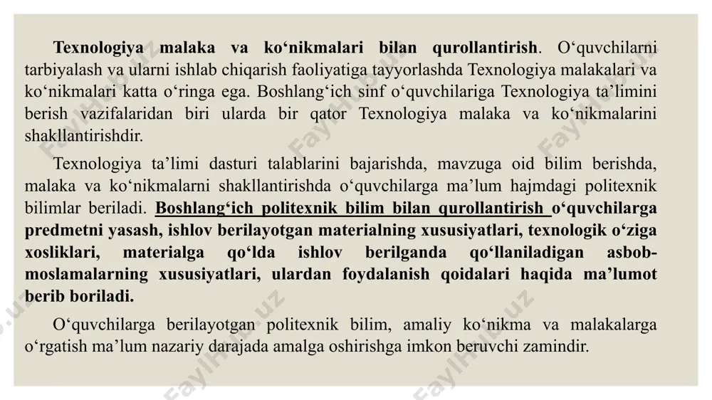 asining muvaffaqiyatli bo‘lishi bir qator shartlarga bog‘liq. o‘quvchi o‘z faoliyatini mustaqil rejalashtirmas ekan, uning malakasi hech qachon to‘liq bo‘lmaydi. nazoratning yo‘qligi ko‘pincha xato va kamchiliklarning amaliy ishlar jarayonida ortib borishiga olib keladi. bu esa o‘z navbatida yеtilmagan harakat va usullarning shakllanishiga sabab bo‘ladi. boshlang‘ich sinf o‘qituvchisi texnologiya ta’limi bo‘yicha ishlarni amalga oshirayotganda o‘quvchilar u yoki bu ishni bajarish natijasida qanday ko‘nikma, bilim va malakalarni egallashlarini aniq bilishi kerak. ana shunday holda o‘qituvchi sinf uchun shu vaqtda zarur bo‘lgan materiallarni tanlash imkoniyatiga ega bo‘ladi. bu o‘rinda muhimi o‘quvchilar mazkur materiallarni tayyorlash jarayonida dastur nazarda tutgan bilim va malakalarni egallab olishlaridan iborat. boshlang‘ich sinf texnologiya darslaridagi ta’lim-tarbiyaviy vazifalar umumta’lim maktablaridagi texnologiya ta’limining umumiy vazifalaridan kelib chiqib, quyidagi mashg‘ulot turlari jarayonida amalga oshiriladi: texnologiya fani quyidagi bo‘limlar asosida o‘qitiladi. texnologiya va texnologik vositalar texnik konstruksiyalash va modellashtirish qog‘oz va karton bilan ishlash. tabiiy va turli materiallar bilan ishlash: robotexnika asoslari zamonaviy kasblar milliy …