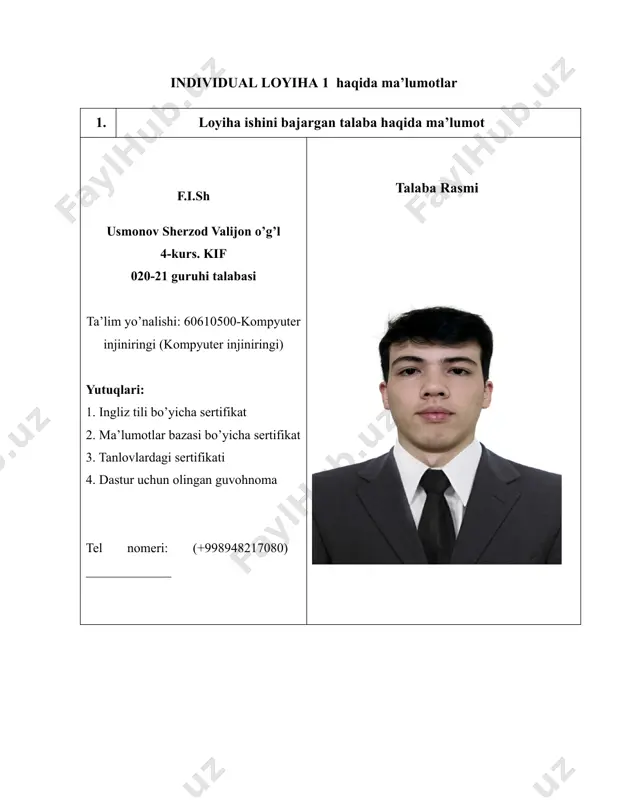 ya samaradorligini oshirish va tizimlar o‘rtasidagi integratsiyani yanada takomillashtirish mumkin bo‘ladi. 5. ishni topshirish muddati 2025.01.10 natijalarni to‘g‘ri chiqarish: buyruq bajarilgach, tizim natijalarni foydalanuvchiga to‘g‘ri va aniq tarzda ko‘rsatishi kerak. bu natijalar ekranda yoki kerakli qurilmada aks etadi. qayta aloqa: tizim foydalanuvchiga bajarilgan buyruqning natijasi yoki xato haqida ma’lumot berishi zarur. bu jarayonni foydalanuvchi uchun tushunarli qilish uchun qayta aloqa tizimi mavjud bo‘lishi kerak. buyruqlar tizimi qaysi bosqichda bo‘lishidan qat'iy nazar, ma’lum bir buyruqni qayta ishlash yoki takrorlash mumkin. bu prinsipni quyidagi holatlar o‘z ichiga oladi: takrorlash imkoniyati: foydalanuvchi bir xil buyruqni bir necha bor kiritishi mumkin. tizim har safar buyruqni qayta ishlaydi va natijalarni chiqaradi. buyruqlar tizimining ishlash prinsiplari samarali va xavfsiz tizimlarni yaratishda muhim ahamiyatga ega. buyruqni aniqlash va tahlil qilish, buyruqlarni bajarish, resurslarni boshqarish, natijalarni chiqarish va qayta ishlash kabi bosqichlar tizimning samarali ishlashini ta’minlashda yordam beradi. bu prinsiplarga asoslanish orqali tizim foydalanuvchilarga aniq, tez va to‘g‘ri …