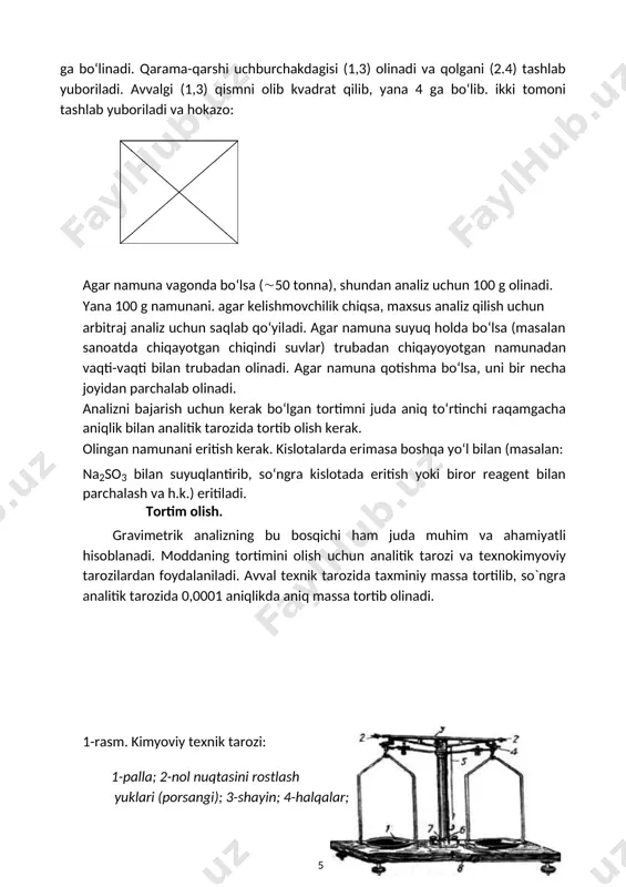 ristall cho`kmalar olinganda 0,5 g atrofida, amorf cho`kmalarning massasi 0,2-0,3 g atrofida bo`lishi maqsadga muvofiqdir. shu qiymatlardan foydalanib, tortimning yana cho`ktiriladigan ayni vaqtda miqdori aniqlanayotgan moddaning optimal tortimini hisoblab chiqariladi. masalan, bariy xlorid kristallogidrati bacl2 ∙ 2h2o tarkibidagi bariyni foiz miqdorini aniqlash kerak bo`lsin. tekshirilayotgan bacl2 ∙ 2h2o ning tortimining massasi quyidagicha hisoblanishi mumkin: 233,43 g baso4 olish uchun 244,31 g bacl2 ∙ 2h2o 0,5 g baso4 m g bacl2 ∙ 2h2o m=0.5·244.31/233.43 analitik kimyoda o‘lchash analitik signalni olishning keng tarqalgan usulidir. massasi noma’lum bo‘lgan har qanday modda oldin texnik tarozida (1-rasm) 0,01 g aniqlikda, keyin analitik tarozida 0,0001 g aniqlikda o‘lchanadi. hozirgi vaqtda analitik kimyoda kam miqdordagi moddalar bilan ishlanadi. shuning uchun ham analitik tarozilar massasi 100-200 g gacha bo‘lgan moddalaphi tortishga mo‘jallangan. analitik tarozilar ikki yoki bir pallali bo‘ladi. 2-rasm ikki pallali vlr-rusumli analitik tarozi: 1-pallalar; 2-arretir; 3-milligramm massali toshchalarni o‘rnatish dastalari; 4-o‘lchash natijasini olish ekrani. 1.2.gravimetrik analiz …
